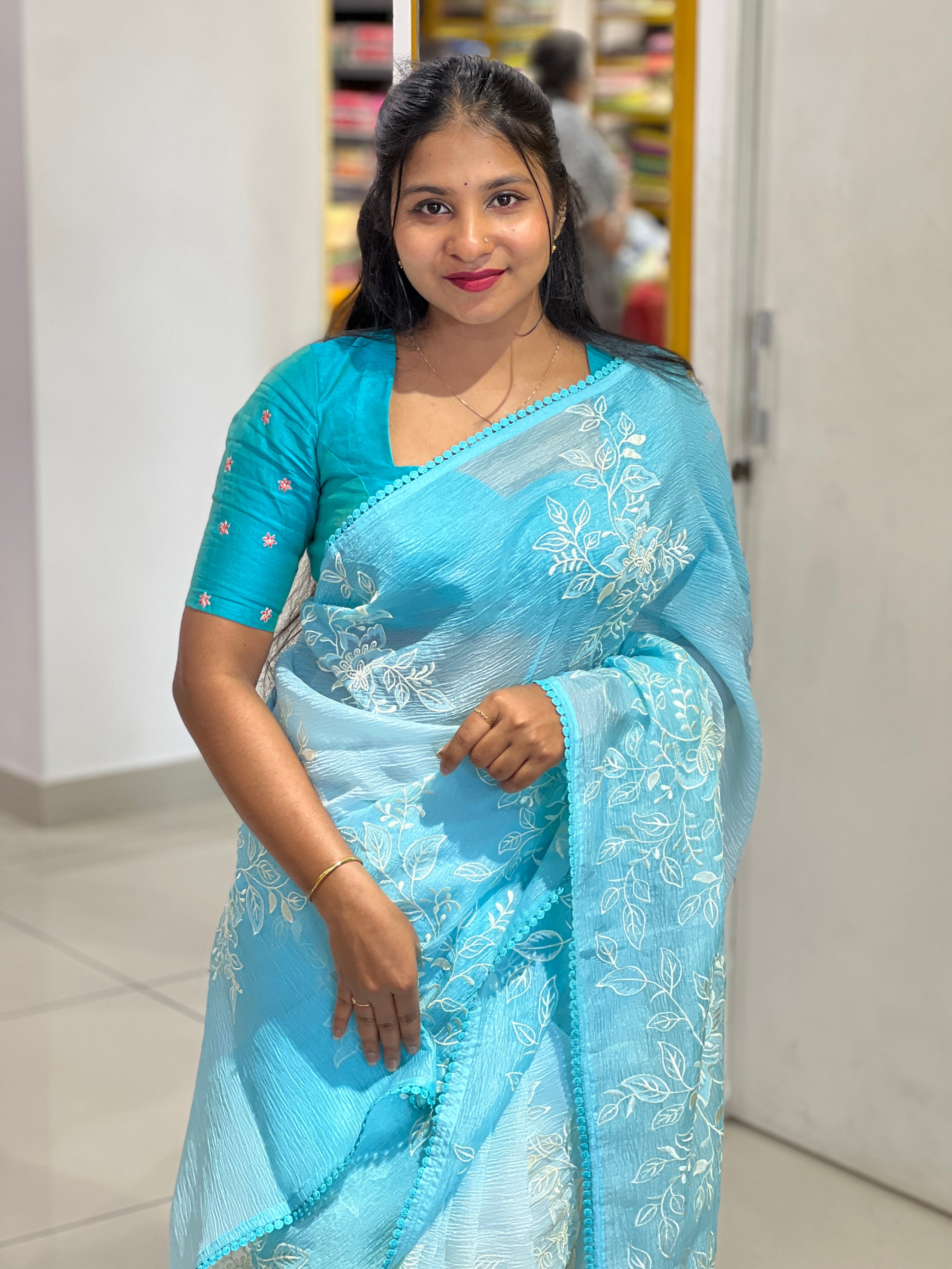 Floral Embroidered Crushed Organza Saree | BLD1660