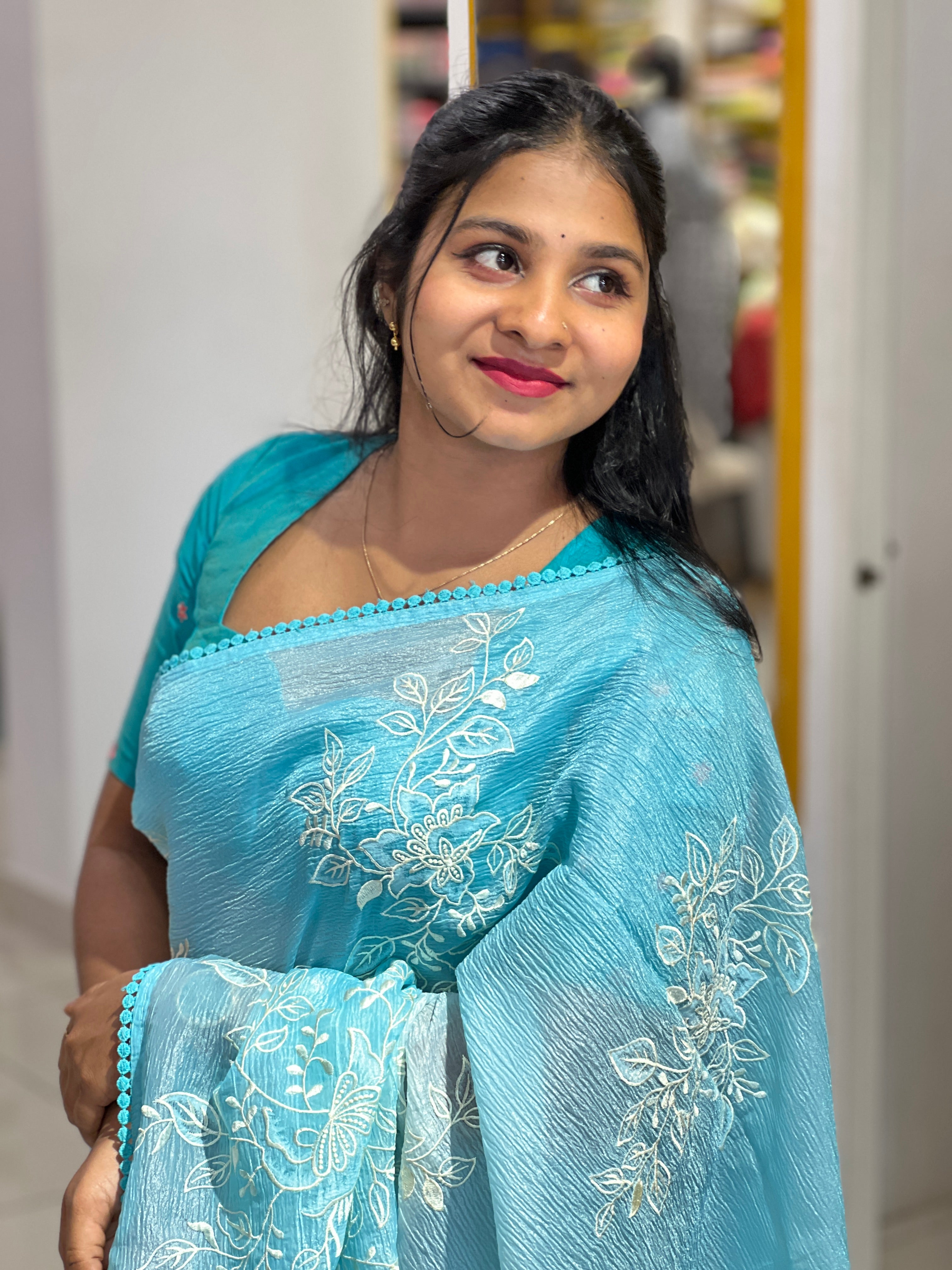 Floral Embroidered Crushed Organza Saree | BLD1660