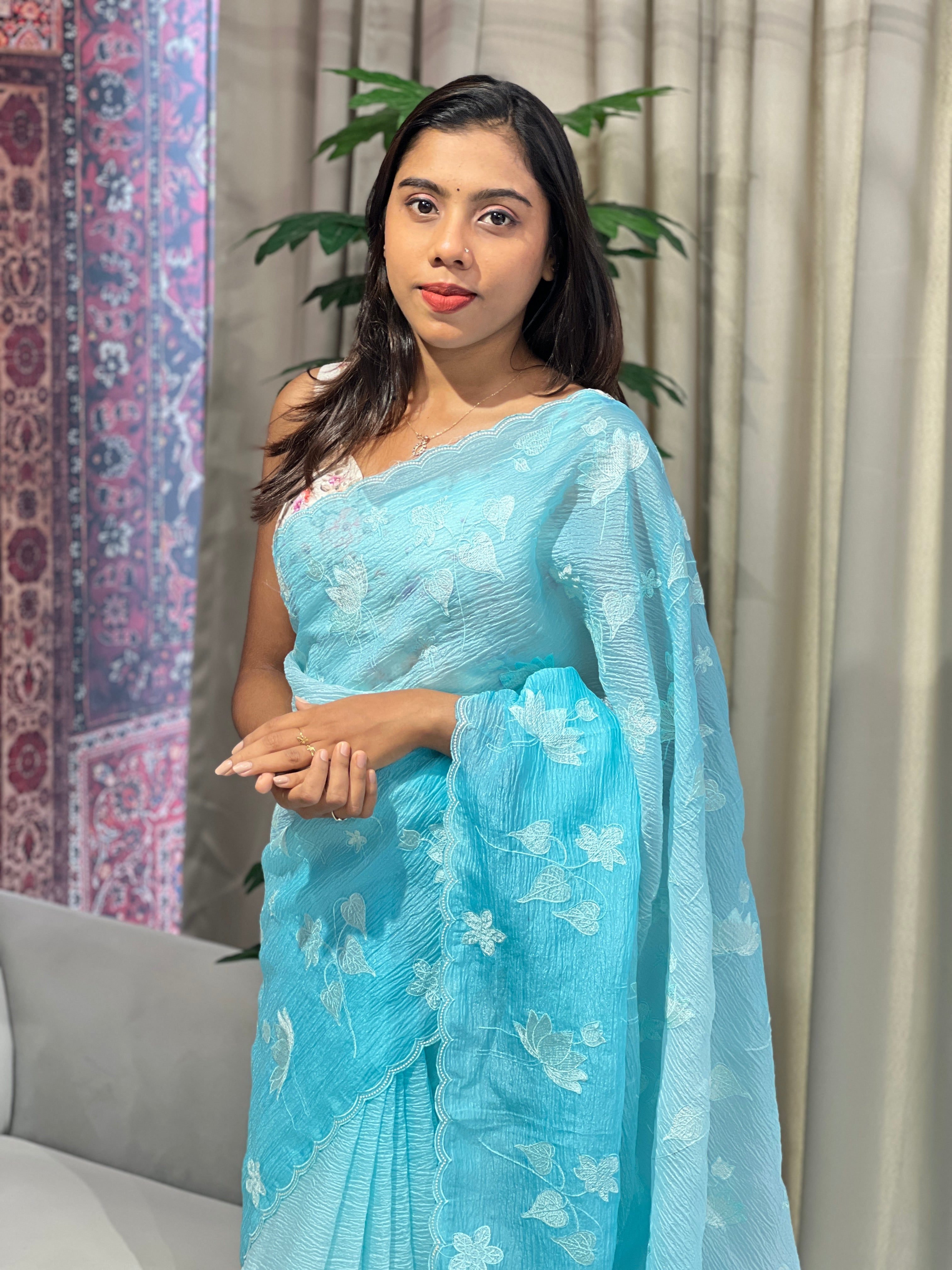 Machine Embroidery Detailed Crushed Organza Saree | BLD1656
