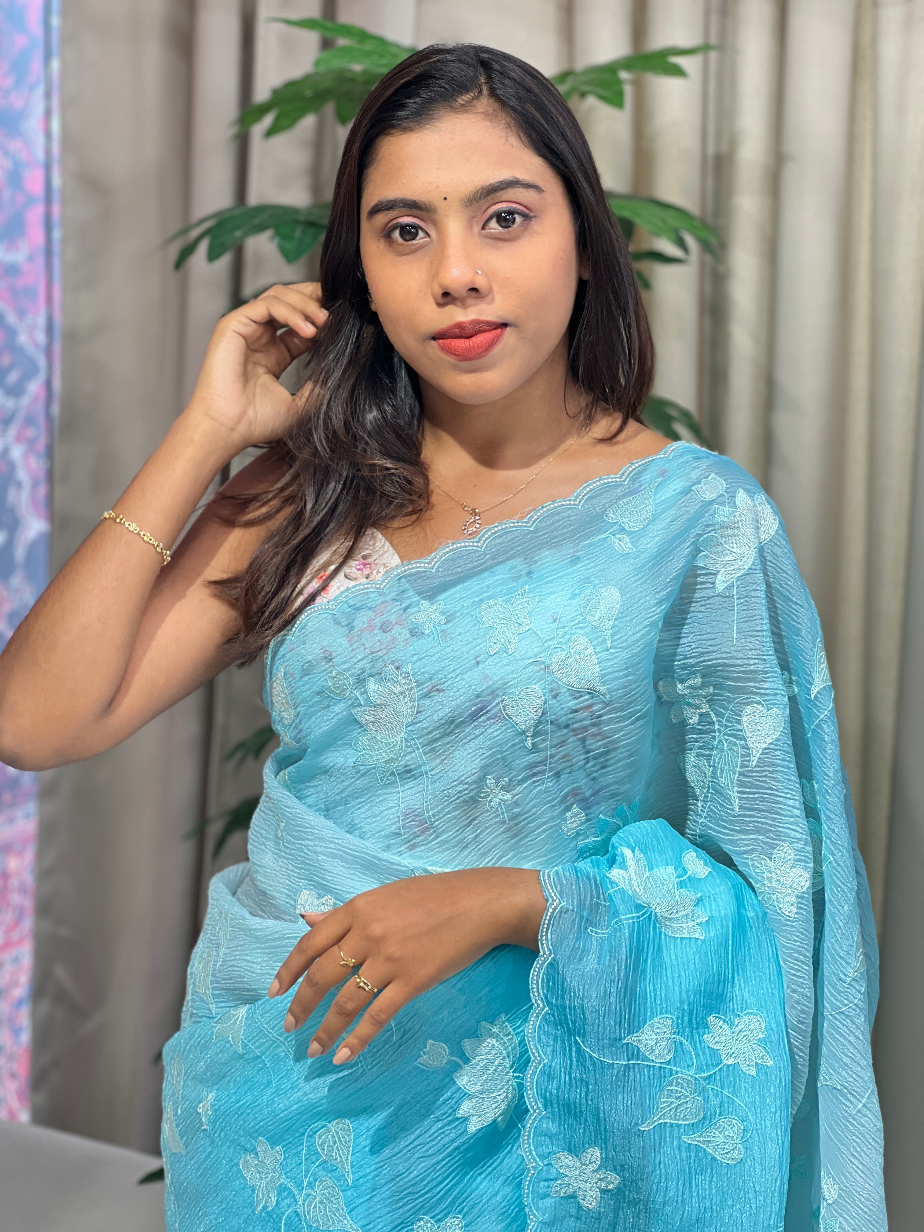 Machine Embroidery Detailed Crushed Organza Saree | BLD1656