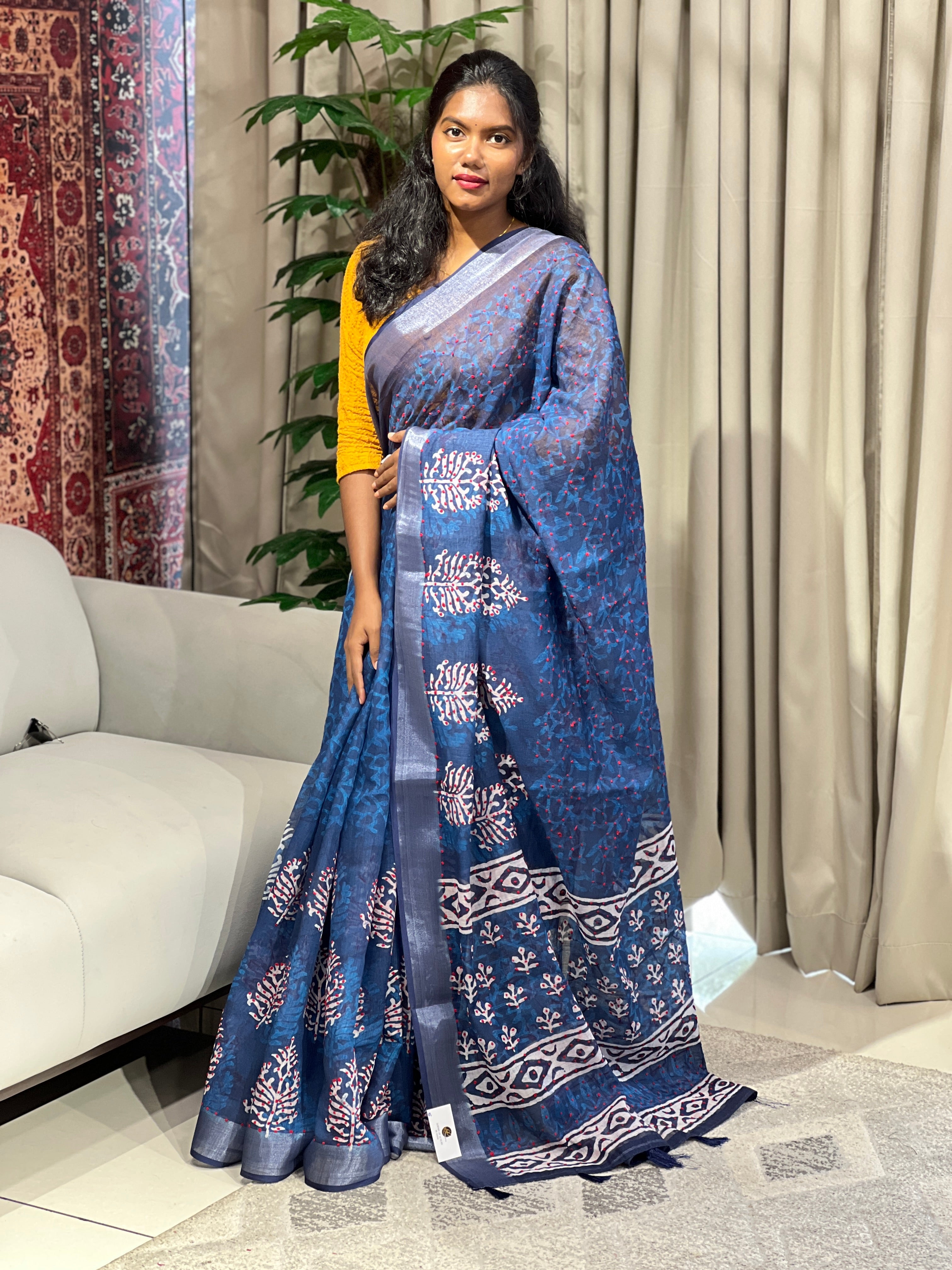 Print With Embroidery Detailed Semi Linen Saree | BLD1634