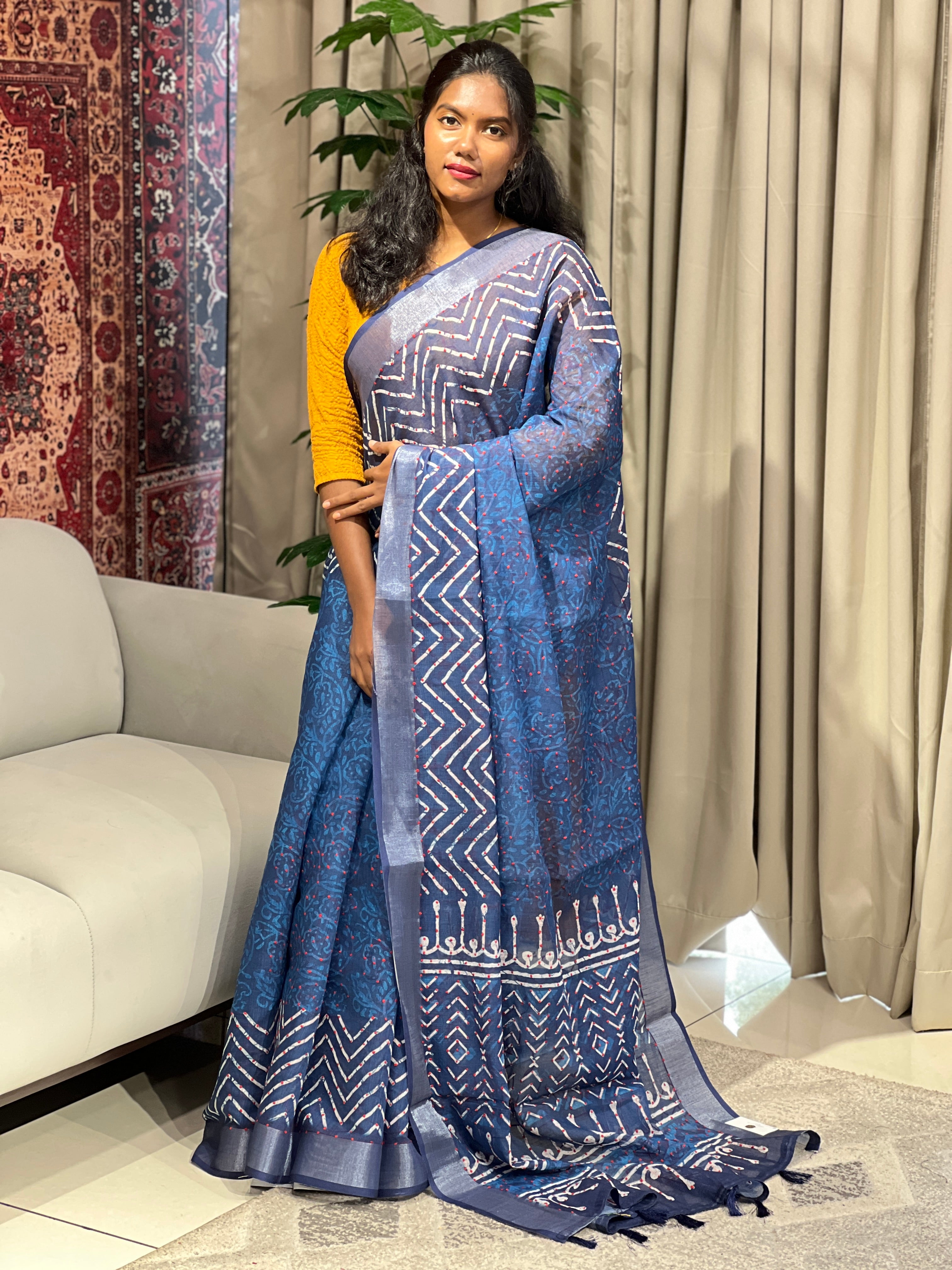 Print With Embroidery Detailed Semi Linen Saree | BLD1637
