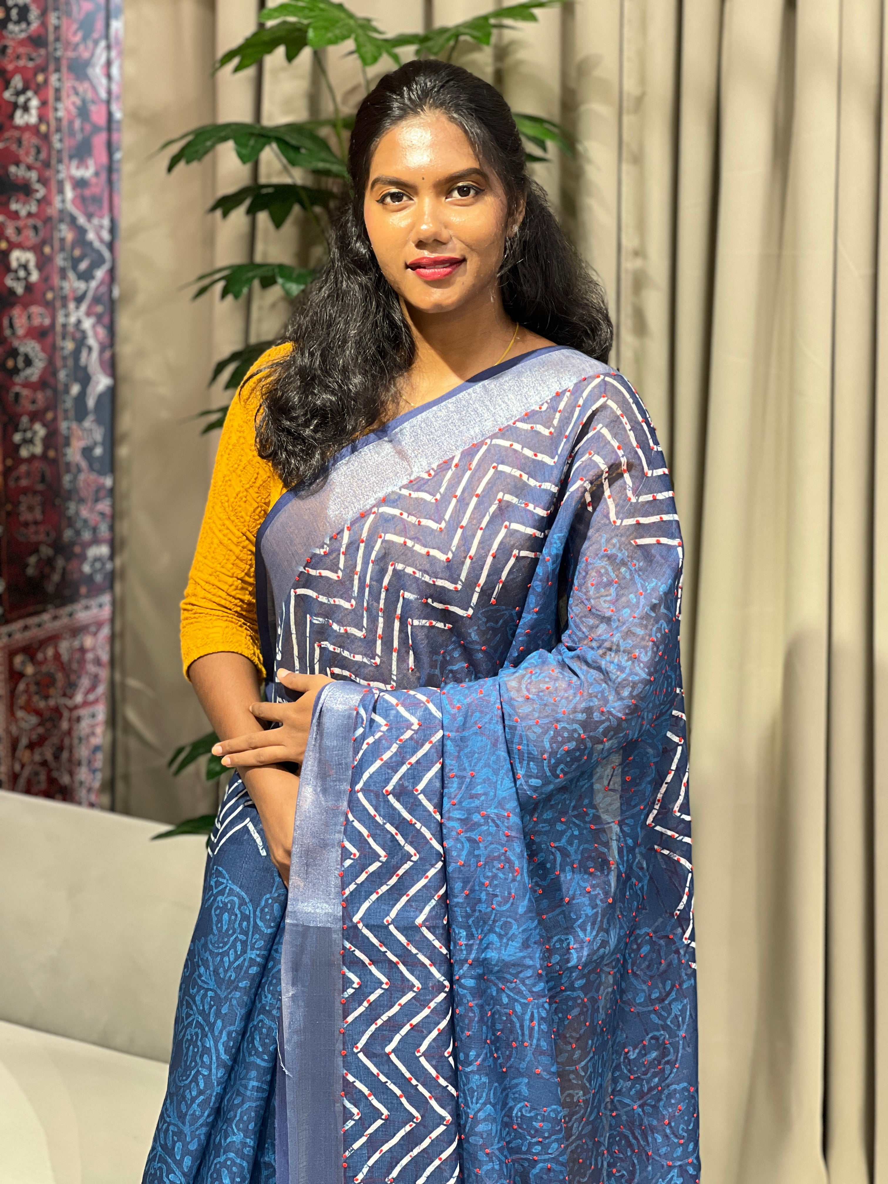 Print With Embroidery Detailed Semi Linen Saree | BLD1637