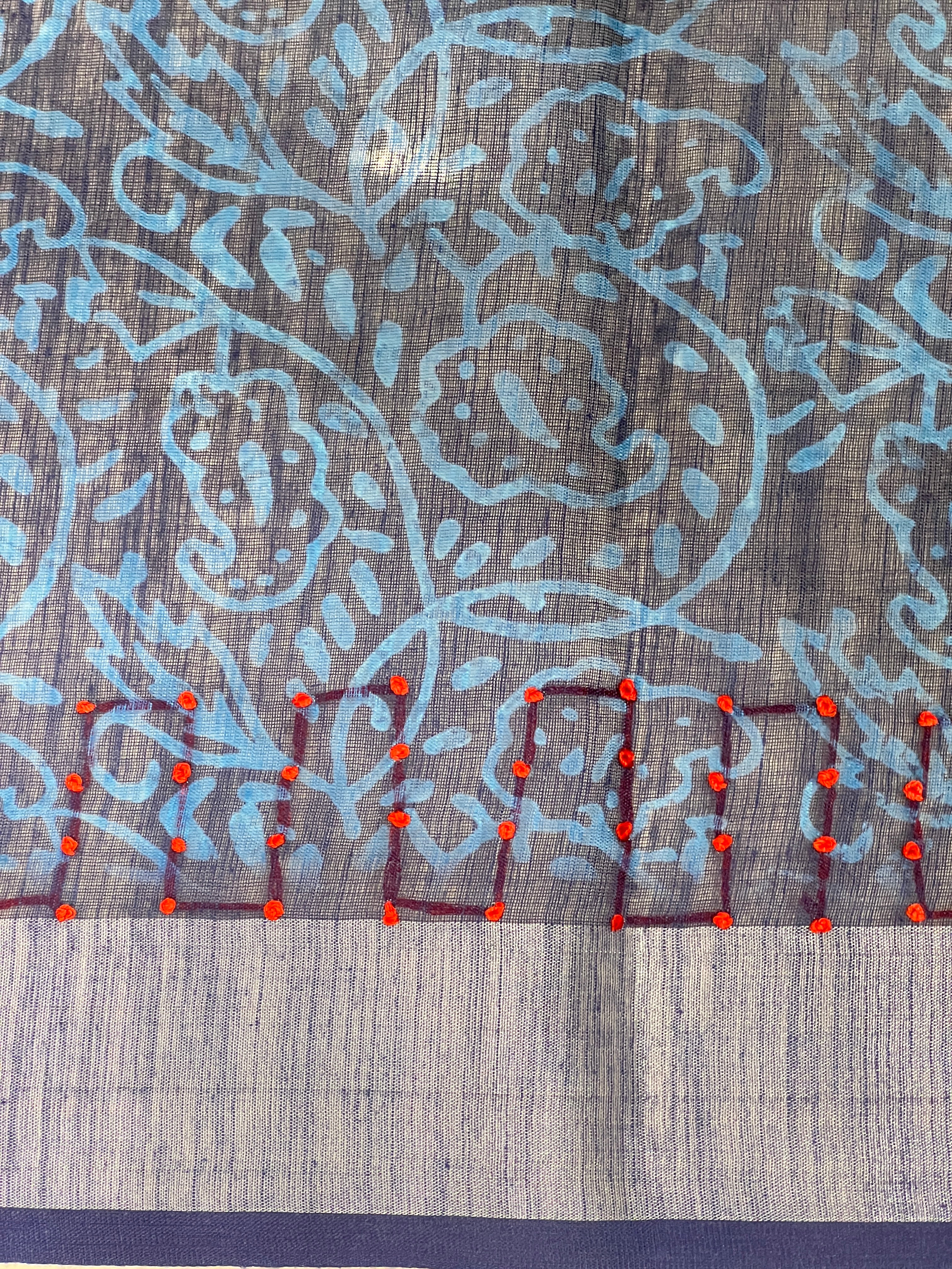 Print With Embroidery Detailed Semi Linen Saree | BLD1637