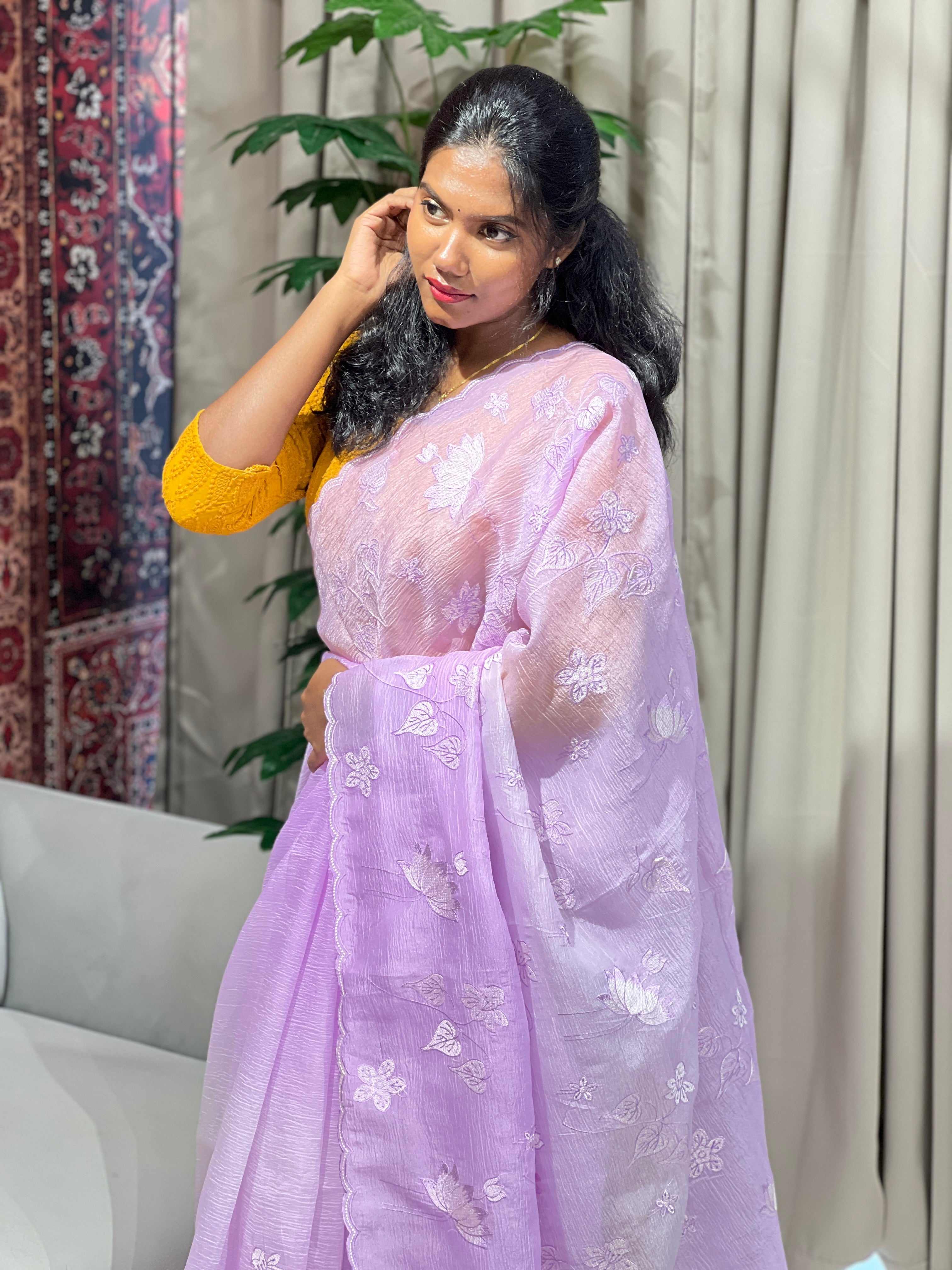 Machine Embroidery Detailed Crushed Organza Saree | BLD1655