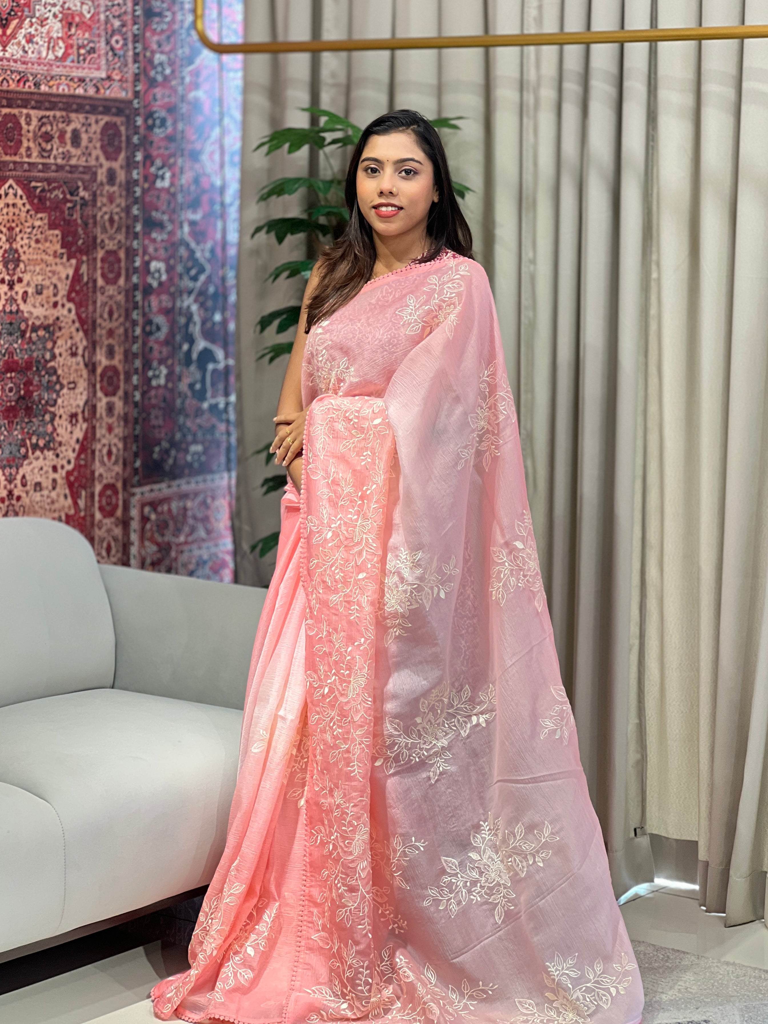 Floral Embroidered Crushed Organza Saree | BLD1659