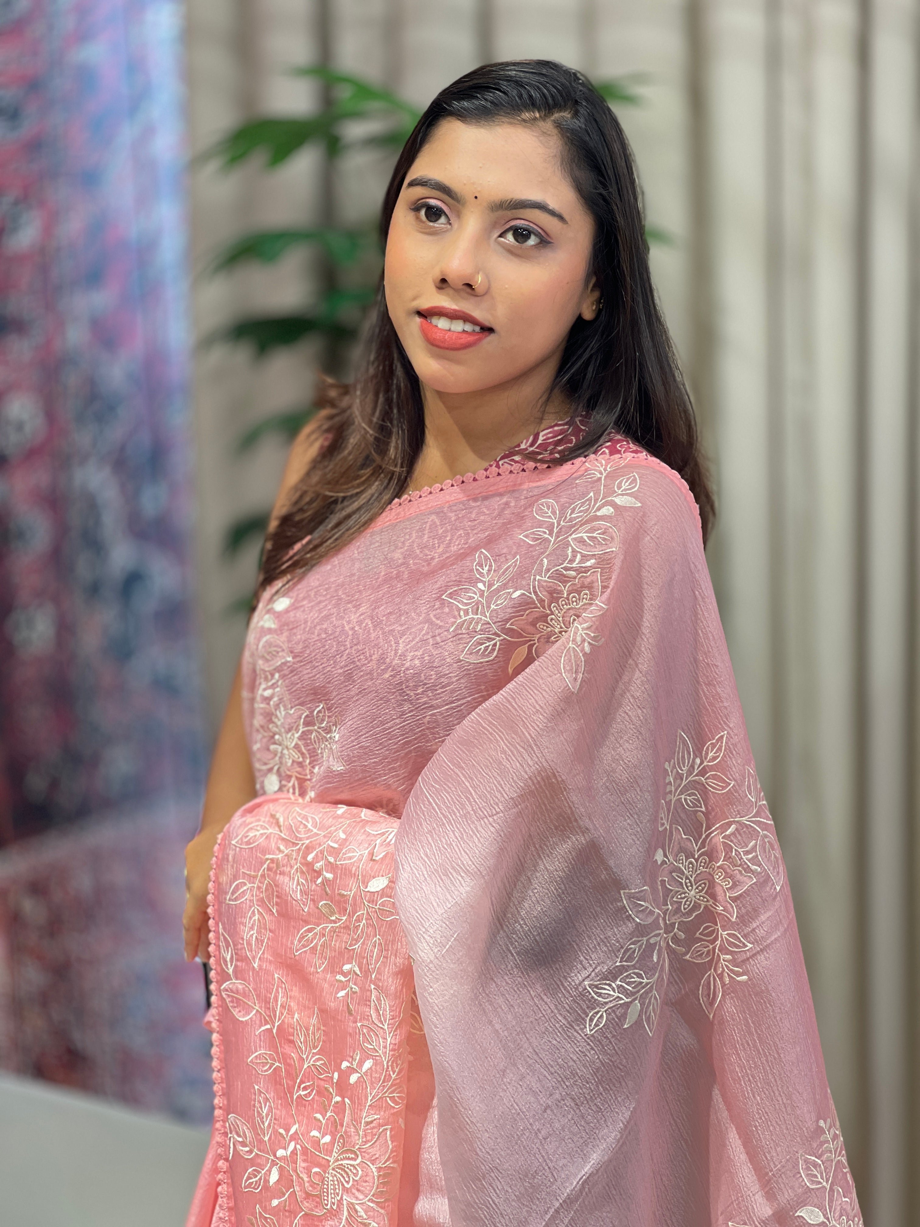 Floral Embroidered Crushed Organza Saree | BLD1659