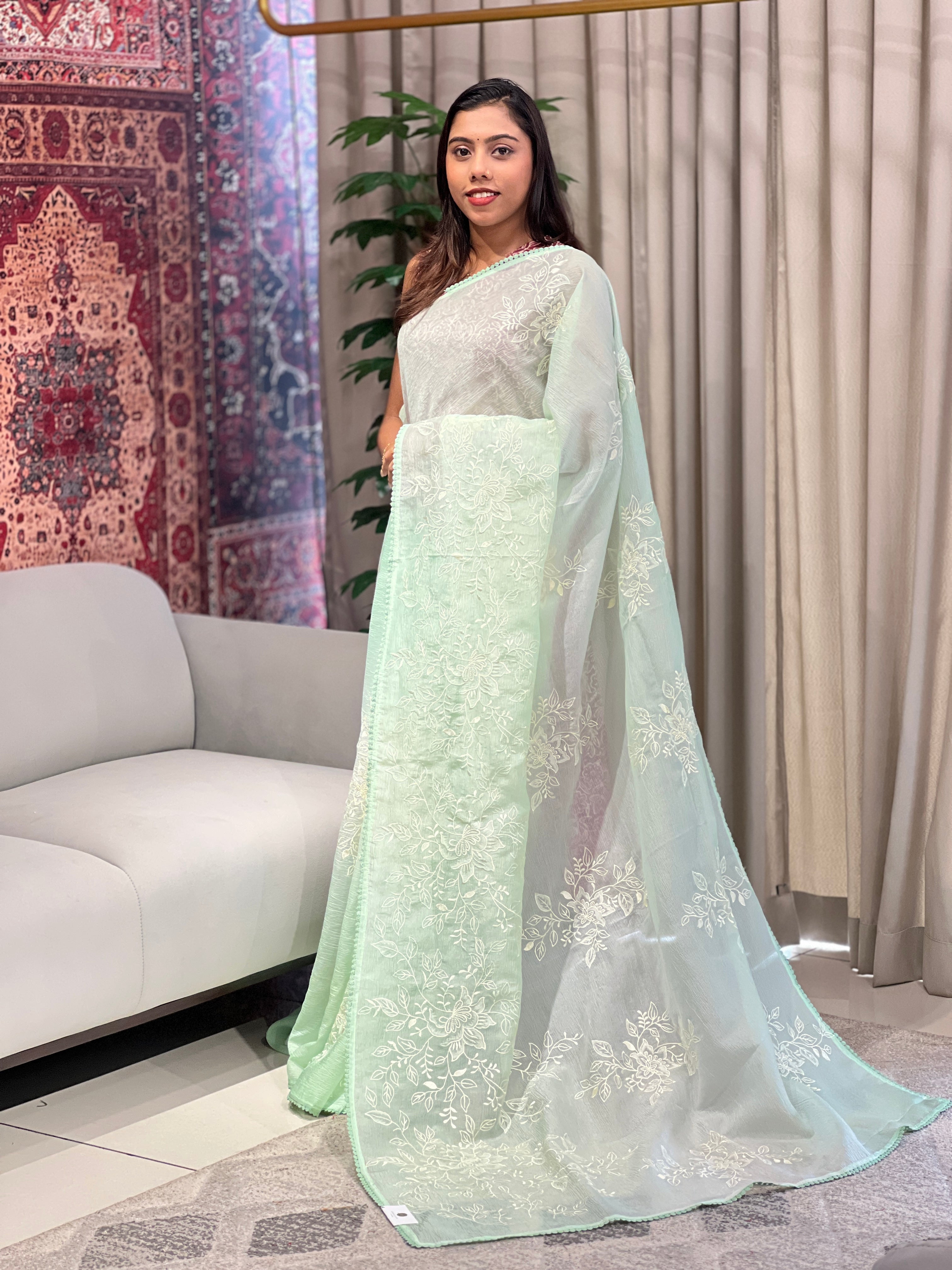 Floral Embroidered Crushed Organza Saree | BLD1661