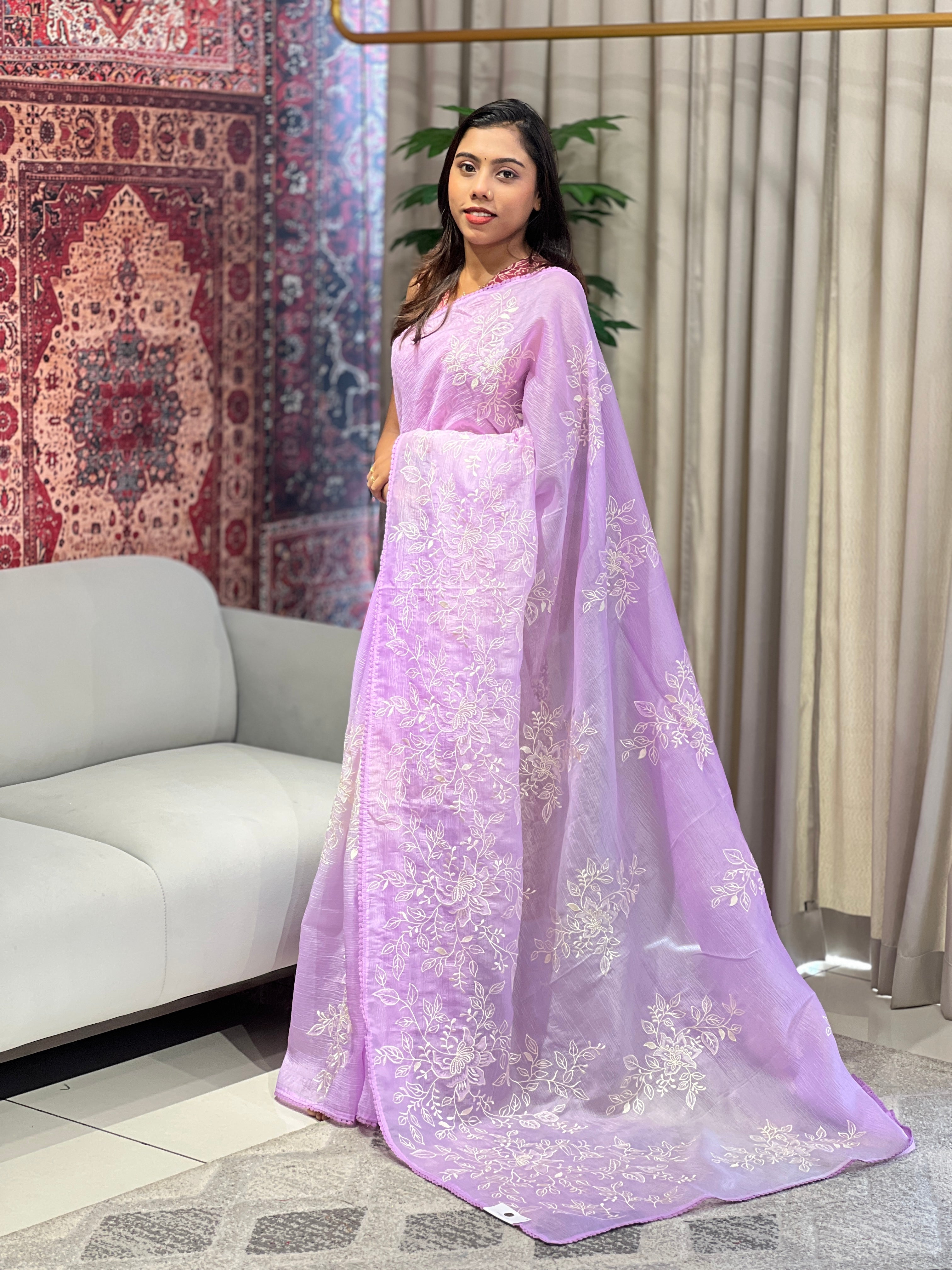Floral Embroidered Crushed Organza Saree | BLD1662
