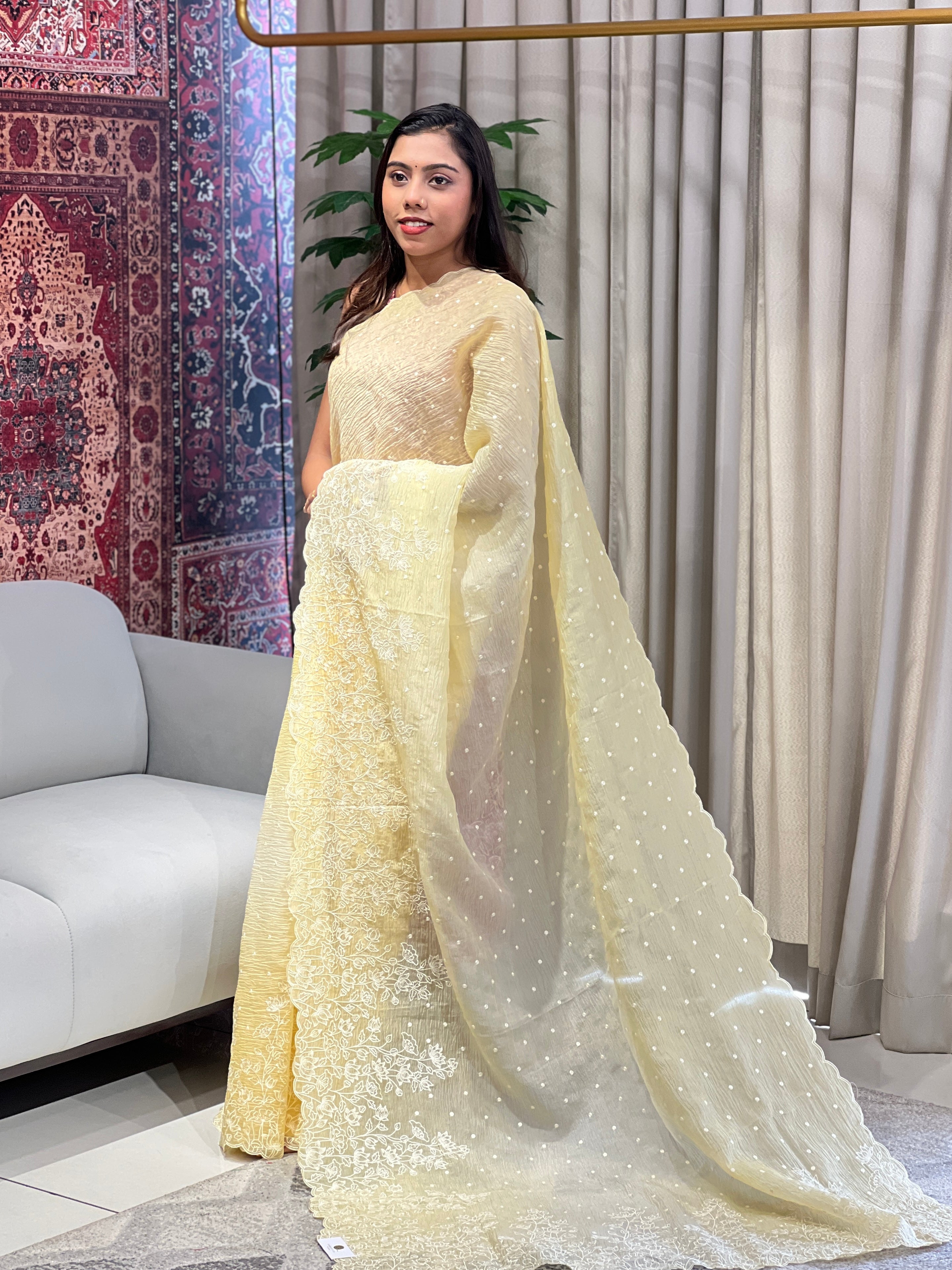 Floral Embroidery Detailed Crushed Organza Saree | BLD1665