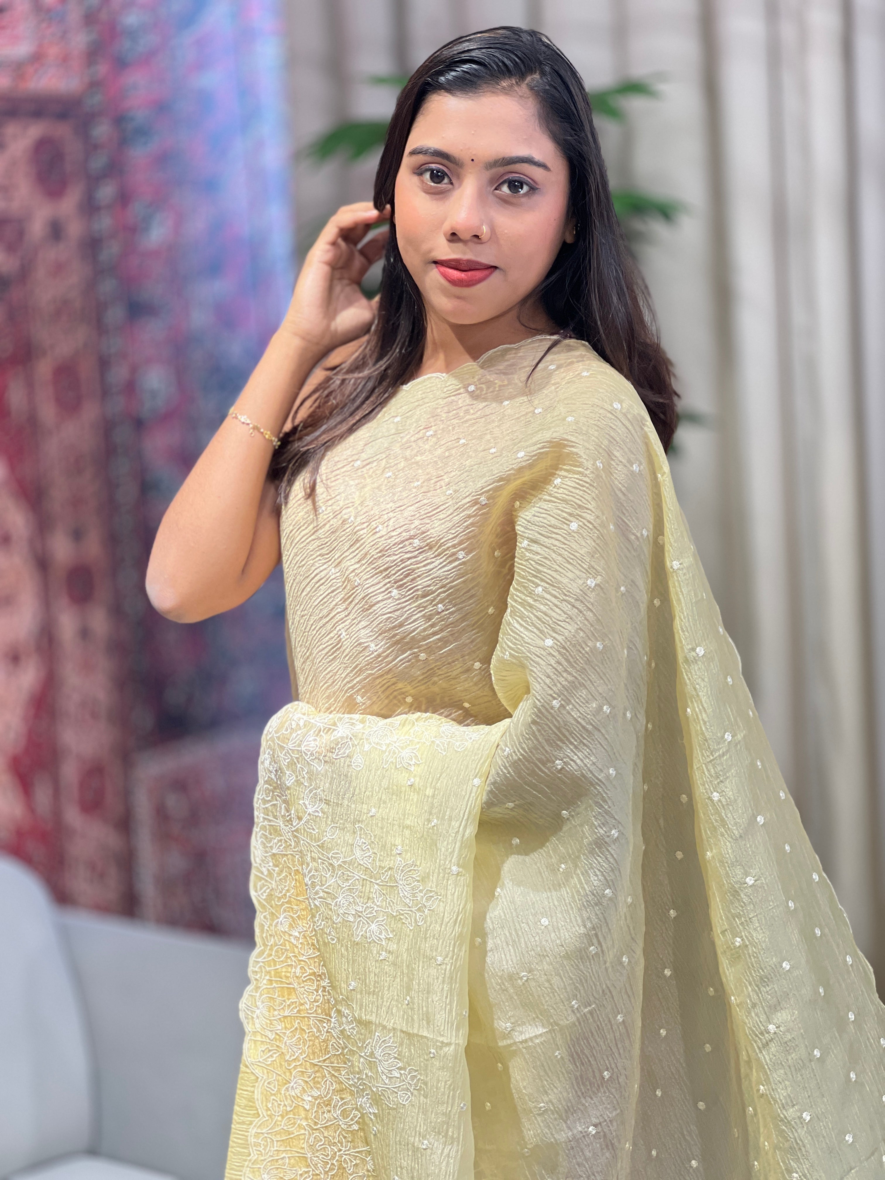Floral Embroidery Detailed Crushed Organza Saree | BLD1665