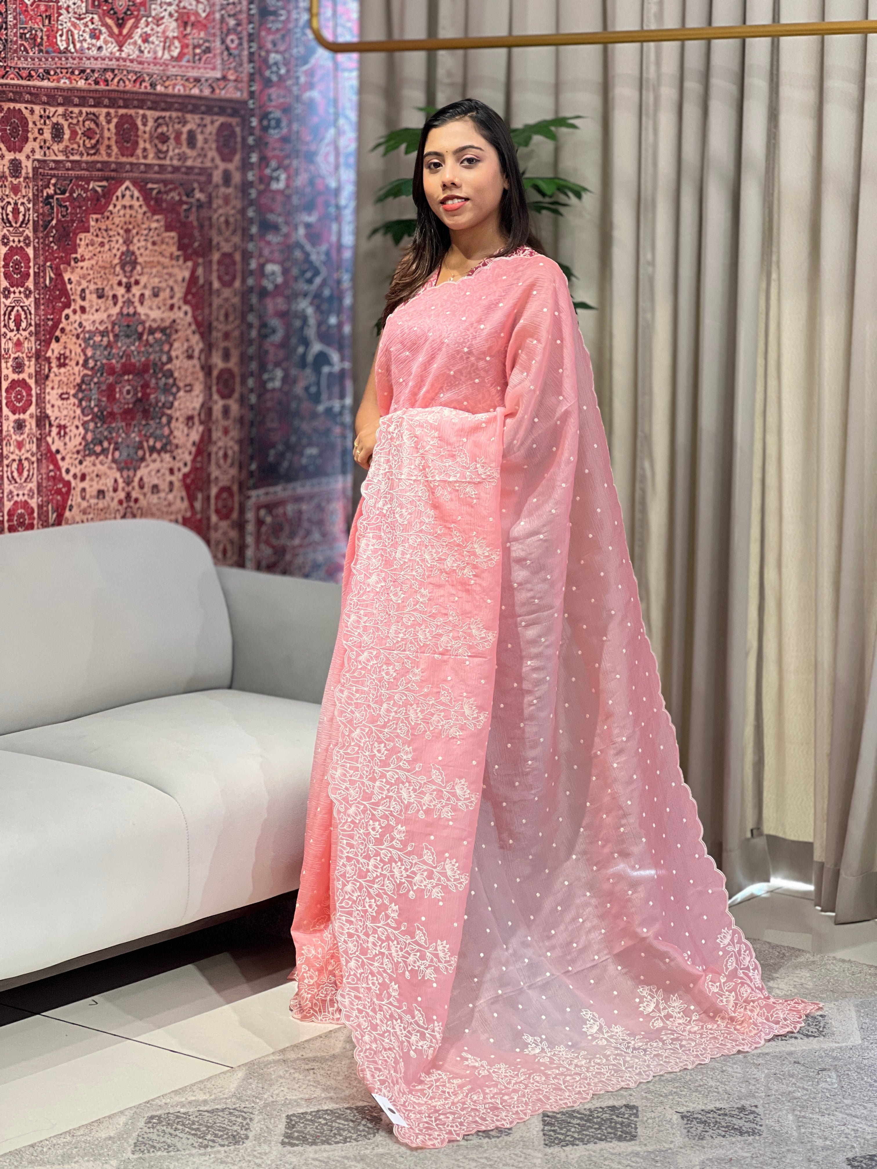 Floral Embroidery Detailed Crushed Organza Saree | BLD1666