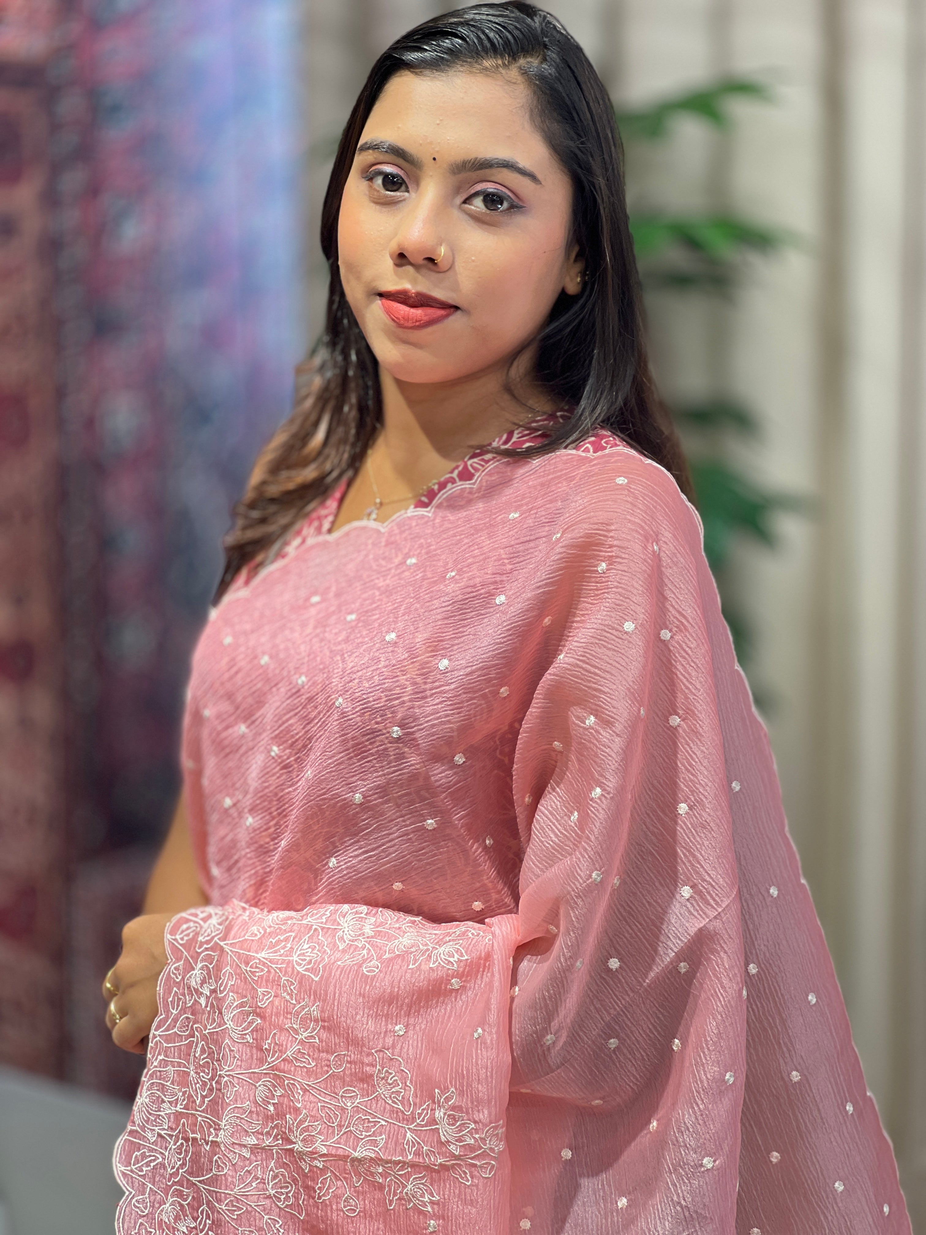 Floral Embroidery Detailed Crushed Organza Saree | BLD1666