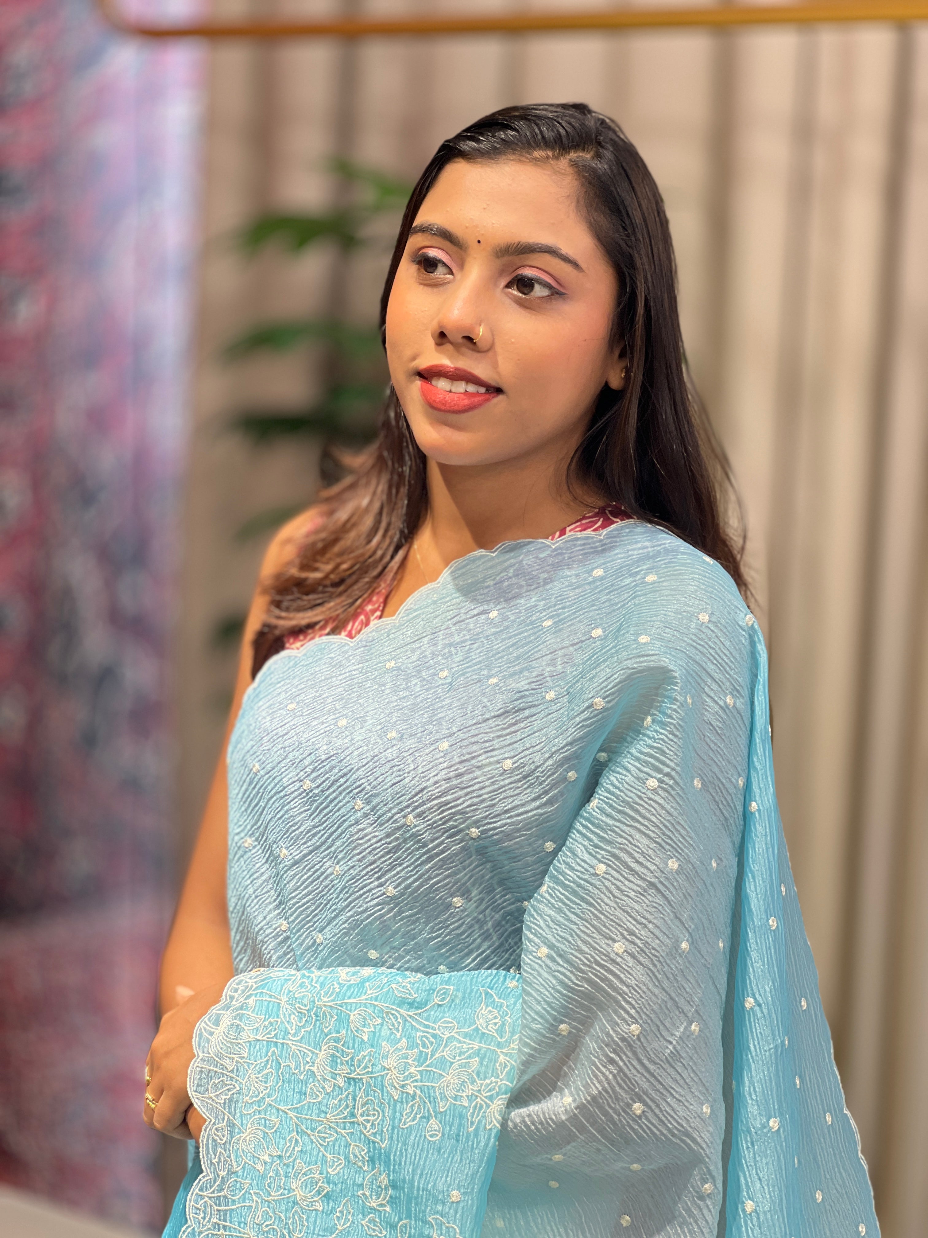 Floral Embroidery Detailed Crushed Organza Saree | BLD1663