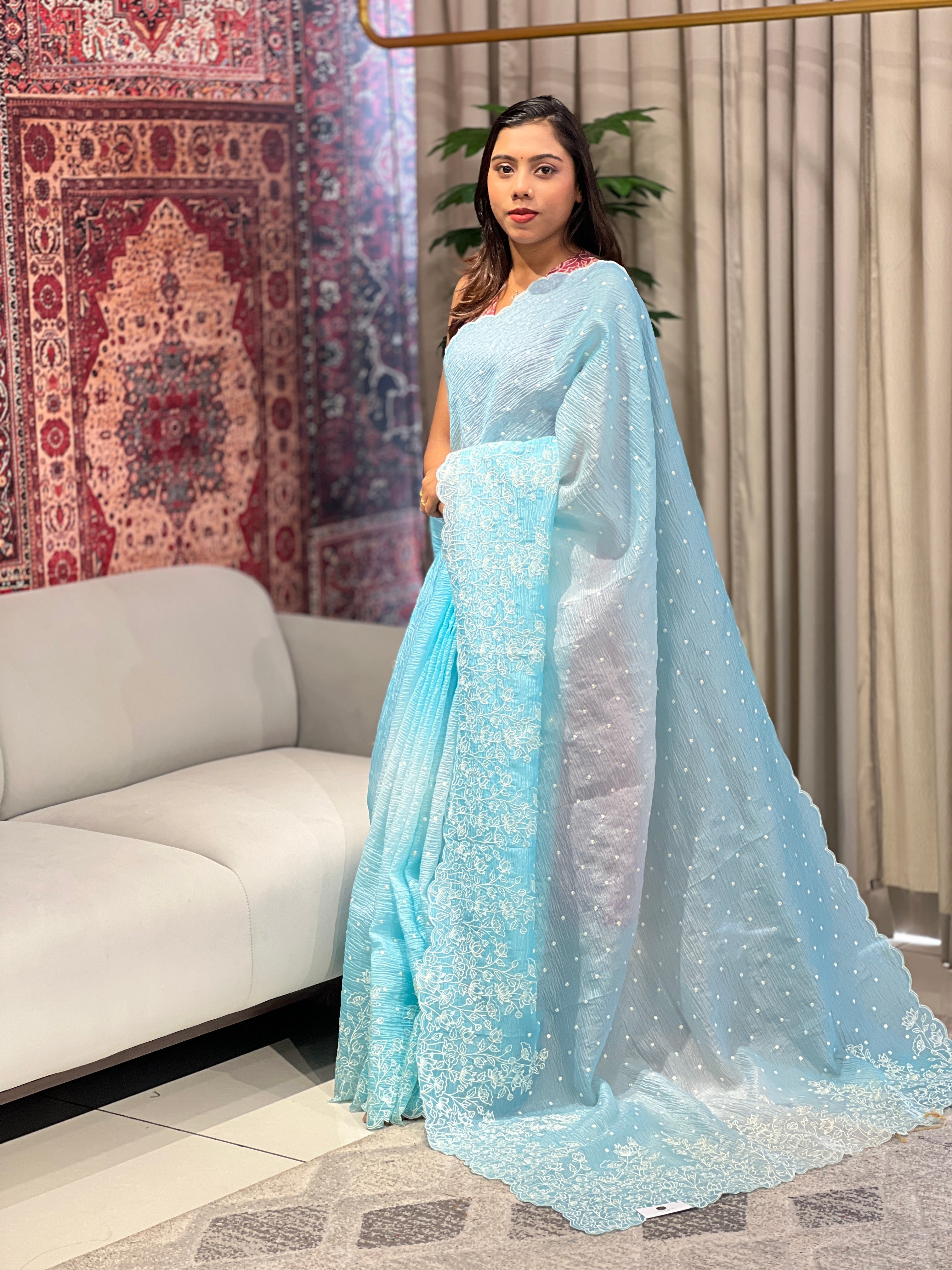Floral Embroidery Detailed Crushed Organza Saree | BLD1663