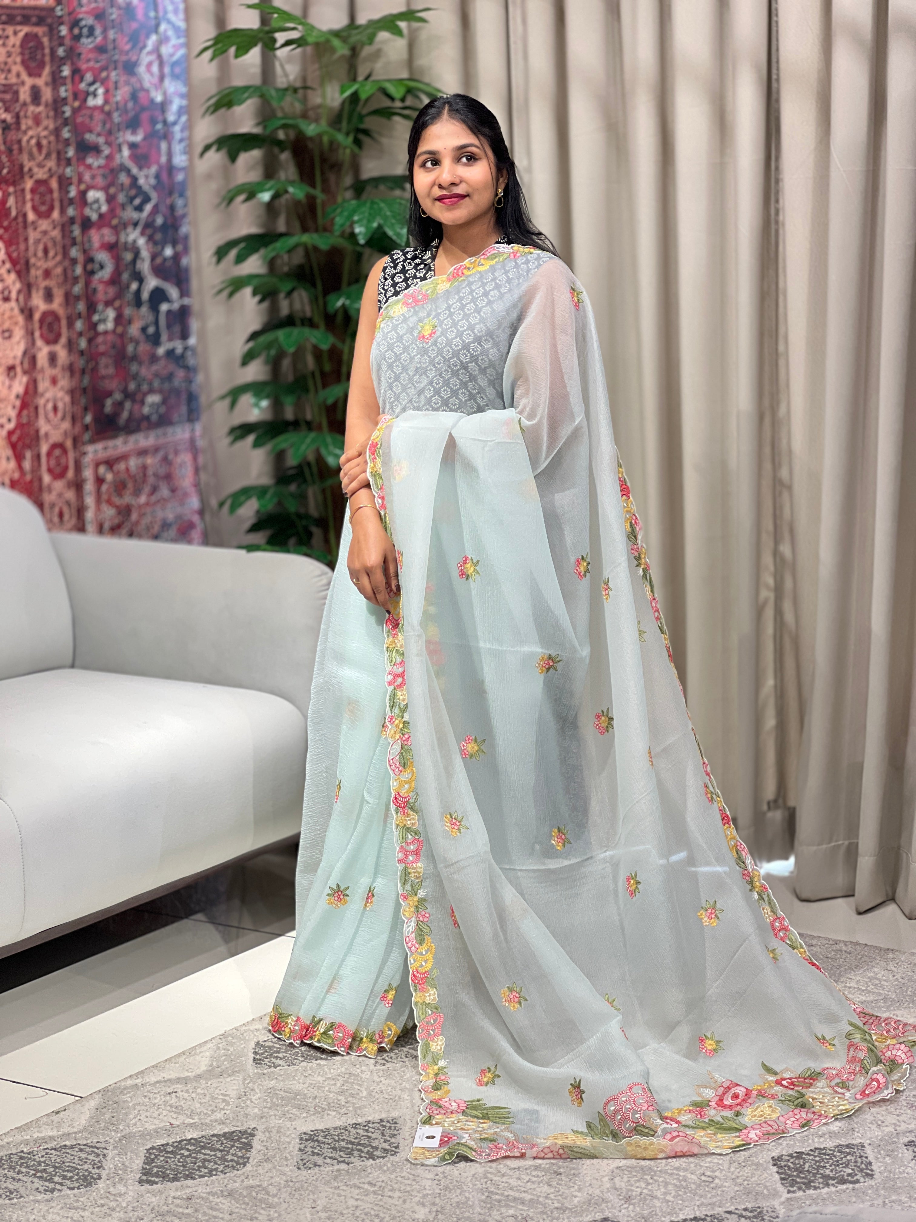 Machine Embroidery Detailed Shimmer Organza Saree | BLD1683