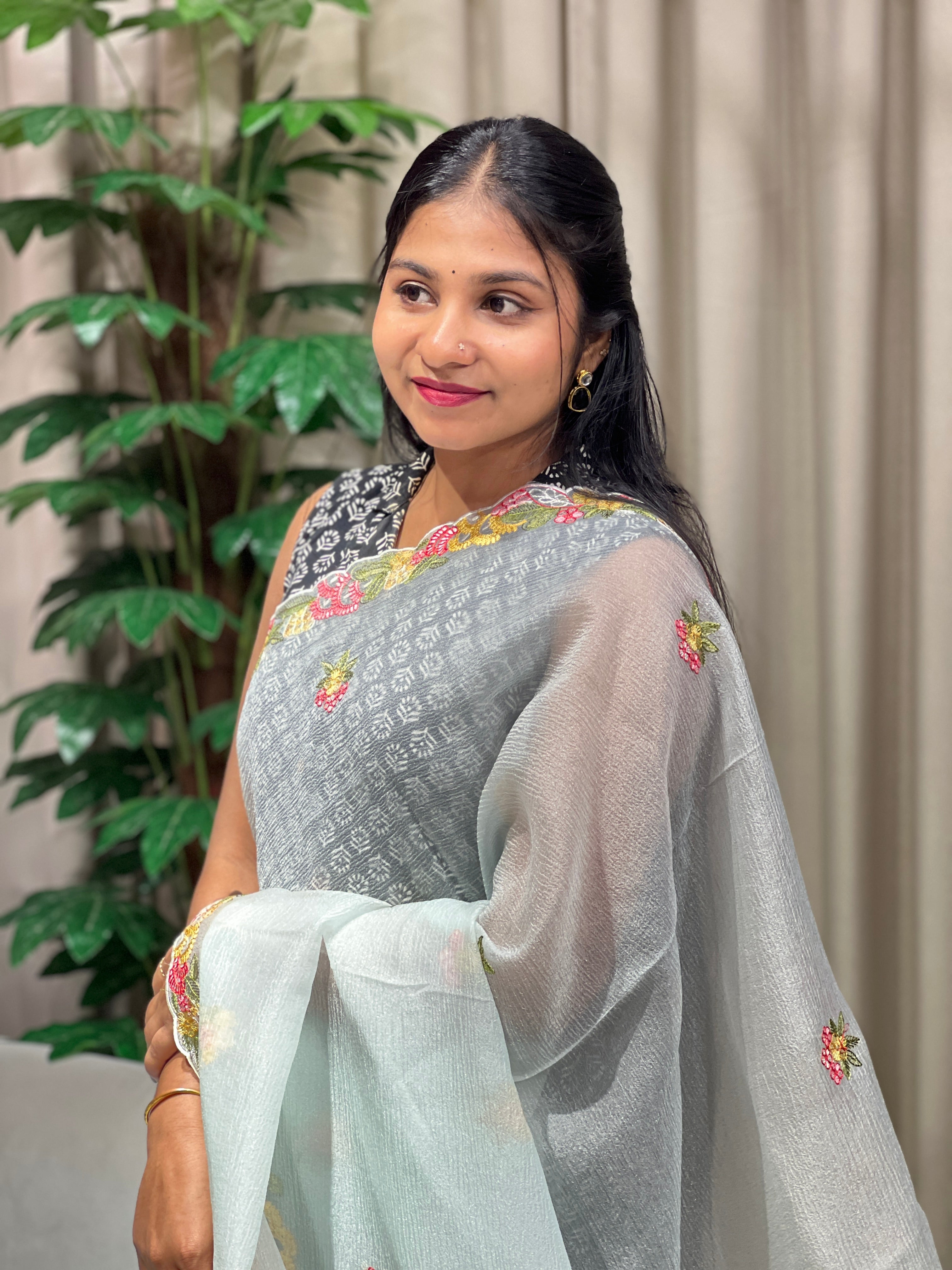 Machine Embroidery Detailed Shimmer Organza Saree | BLD1683