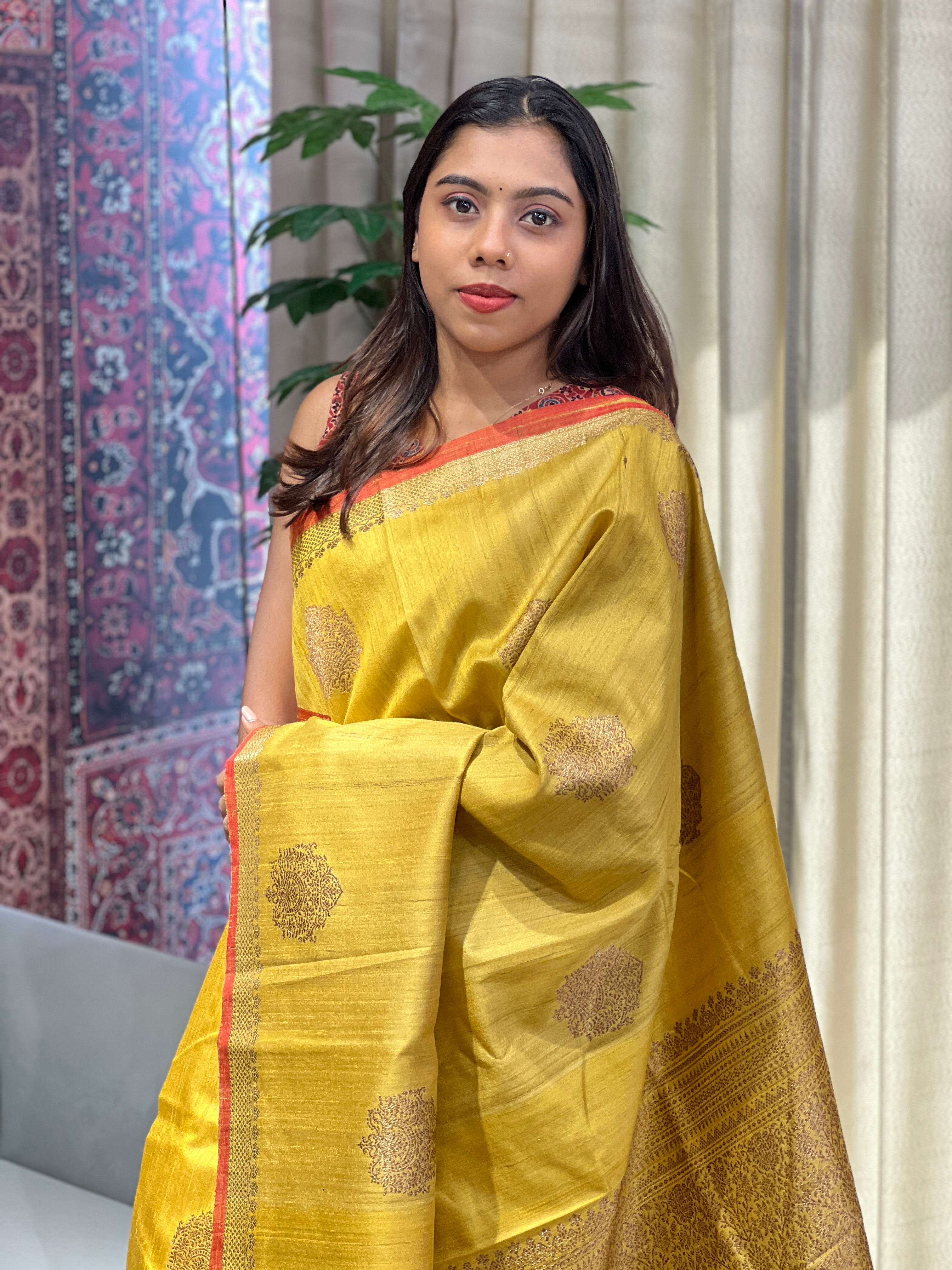 Golden Zari Woven Tussar Banarasi Saree | YNG606