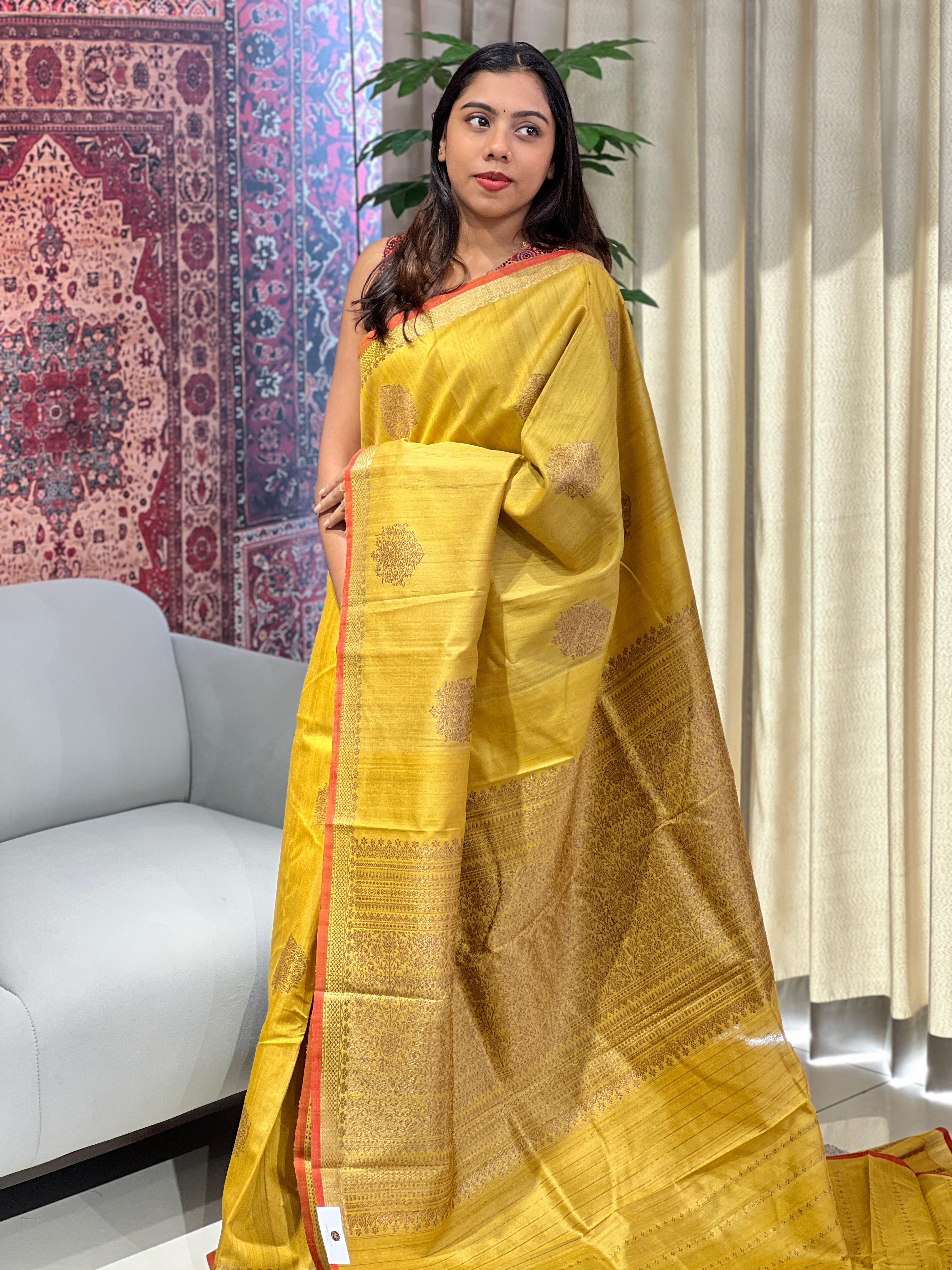 Golden Zari Woven Tussar Banarasi Saree | YNG606