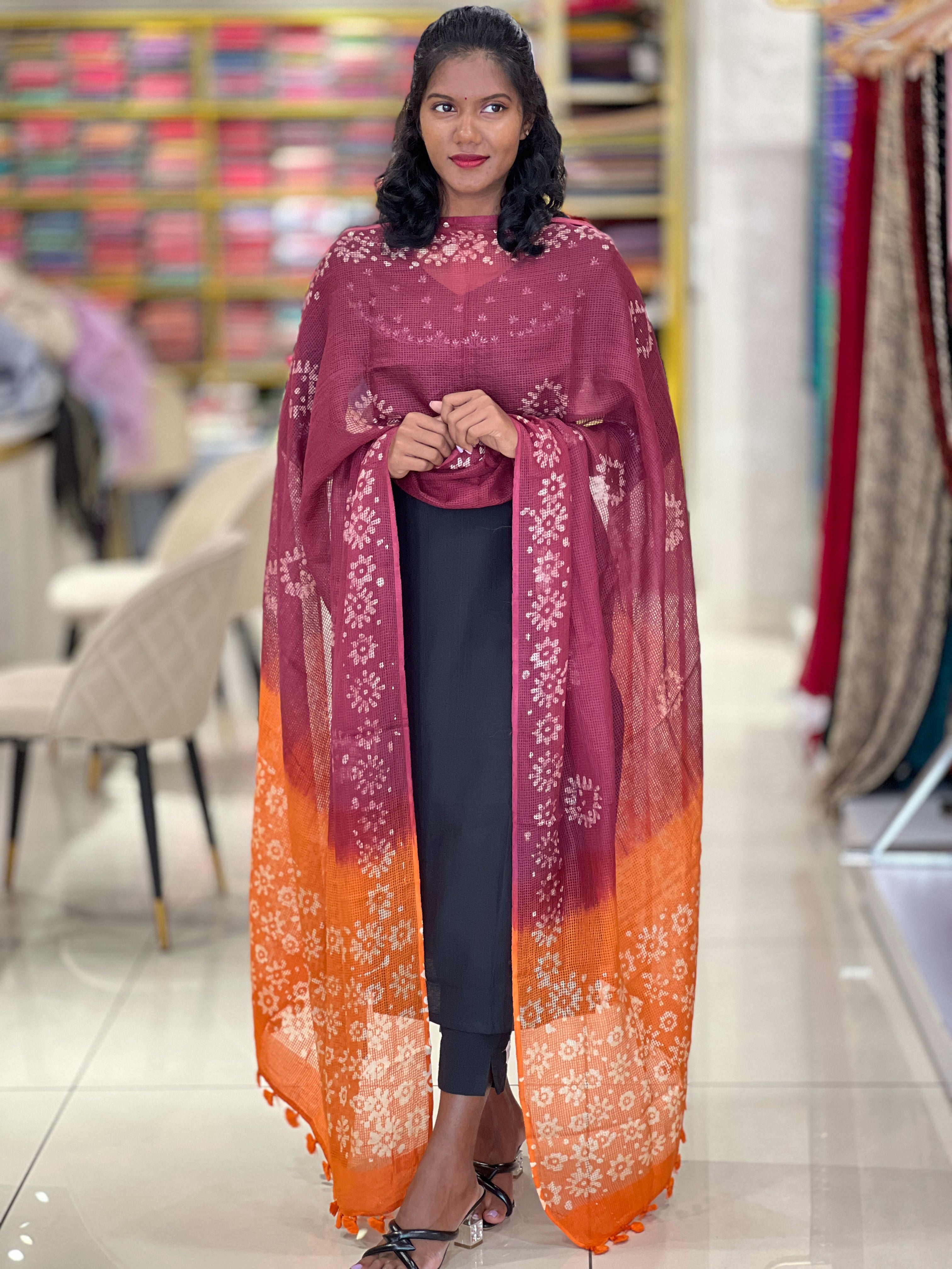 Block Printed Muga Check Kota Dupatta | SS854