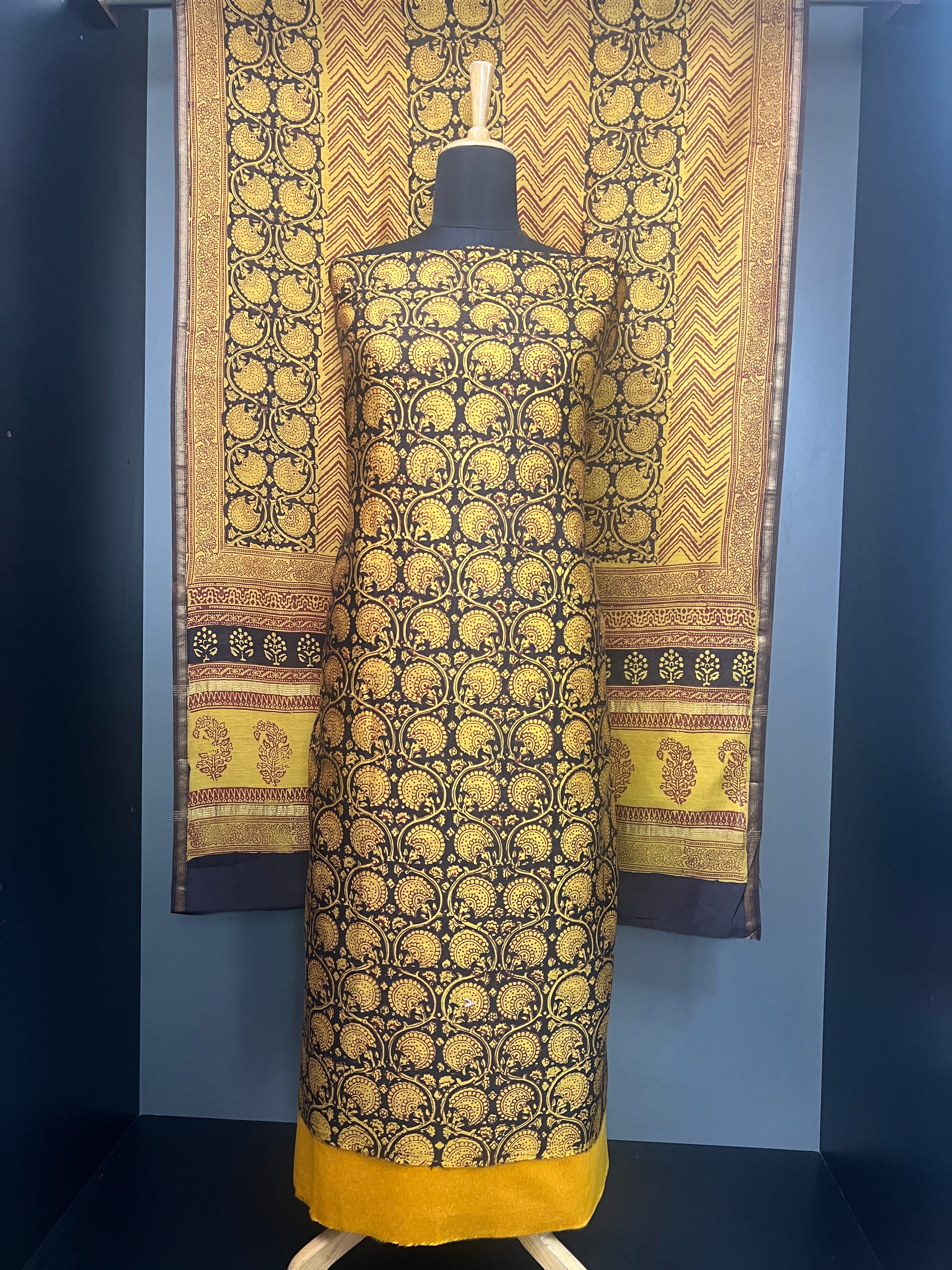 Floral Block Print Detailed Pure Chanderi Salwar Set | HE192