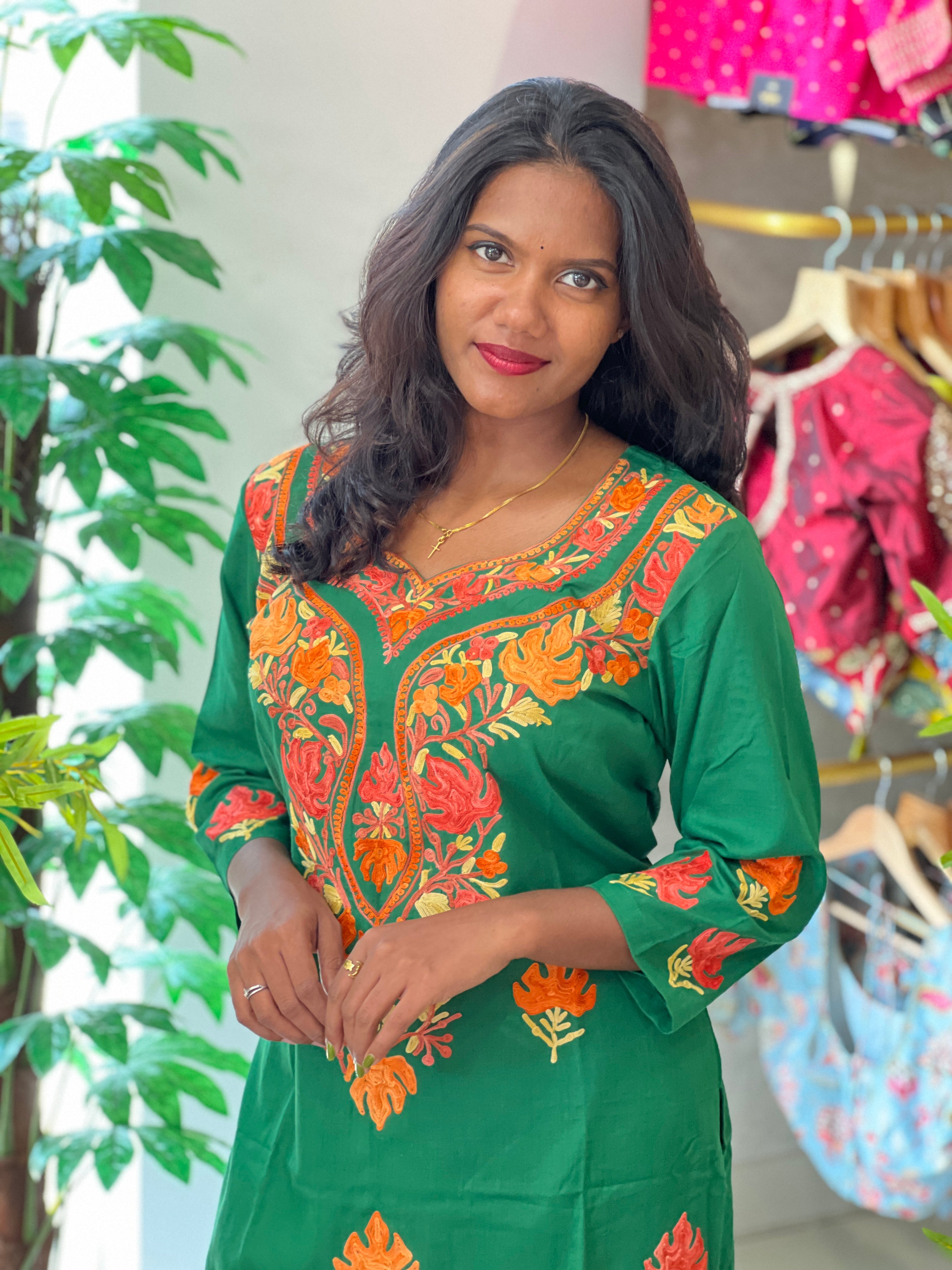 Kashmiri Embroidered Cotton Kurta Set