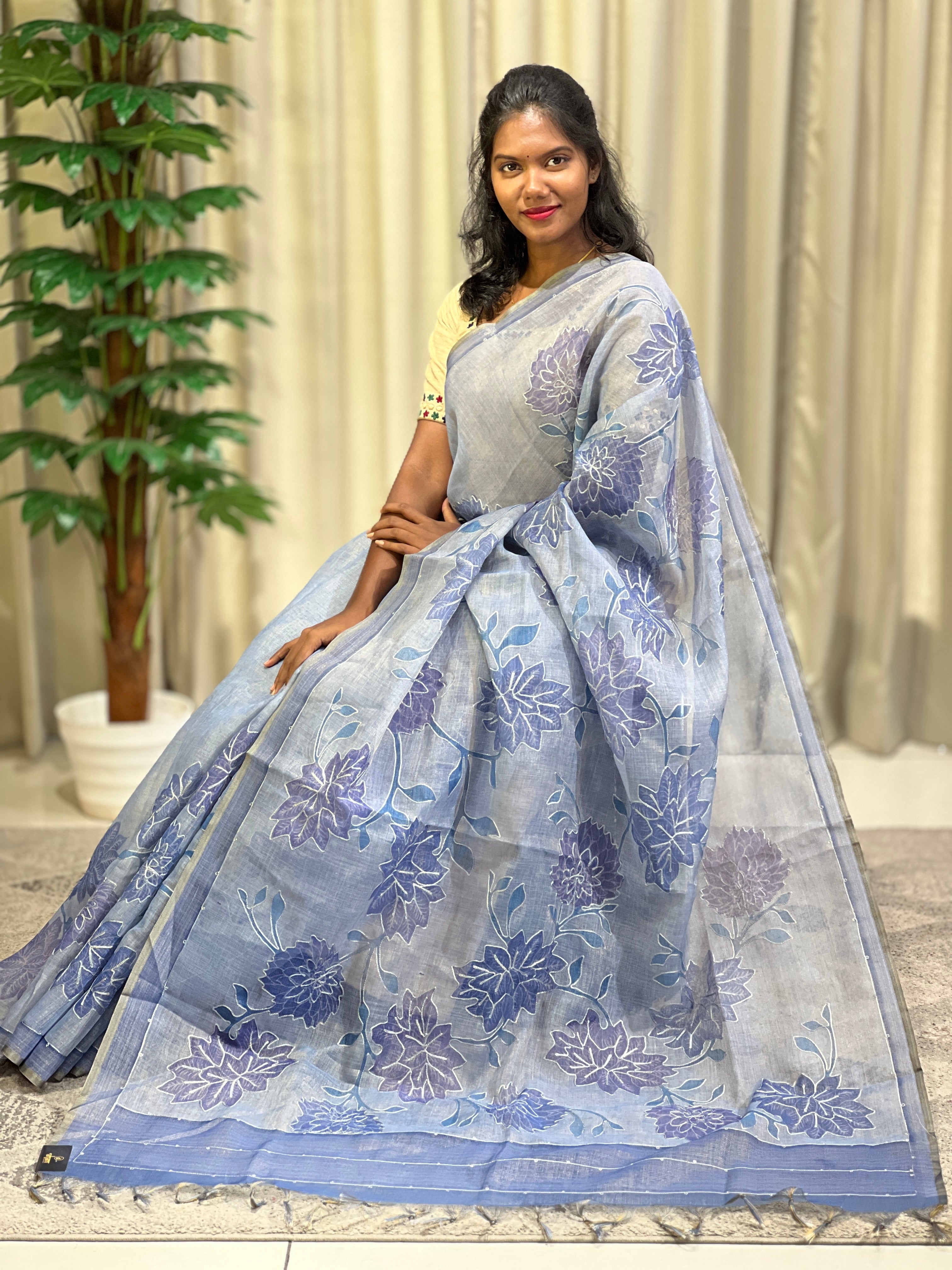 Floral Print With Zari Highlighted Tissue Linen Saree | KSD279