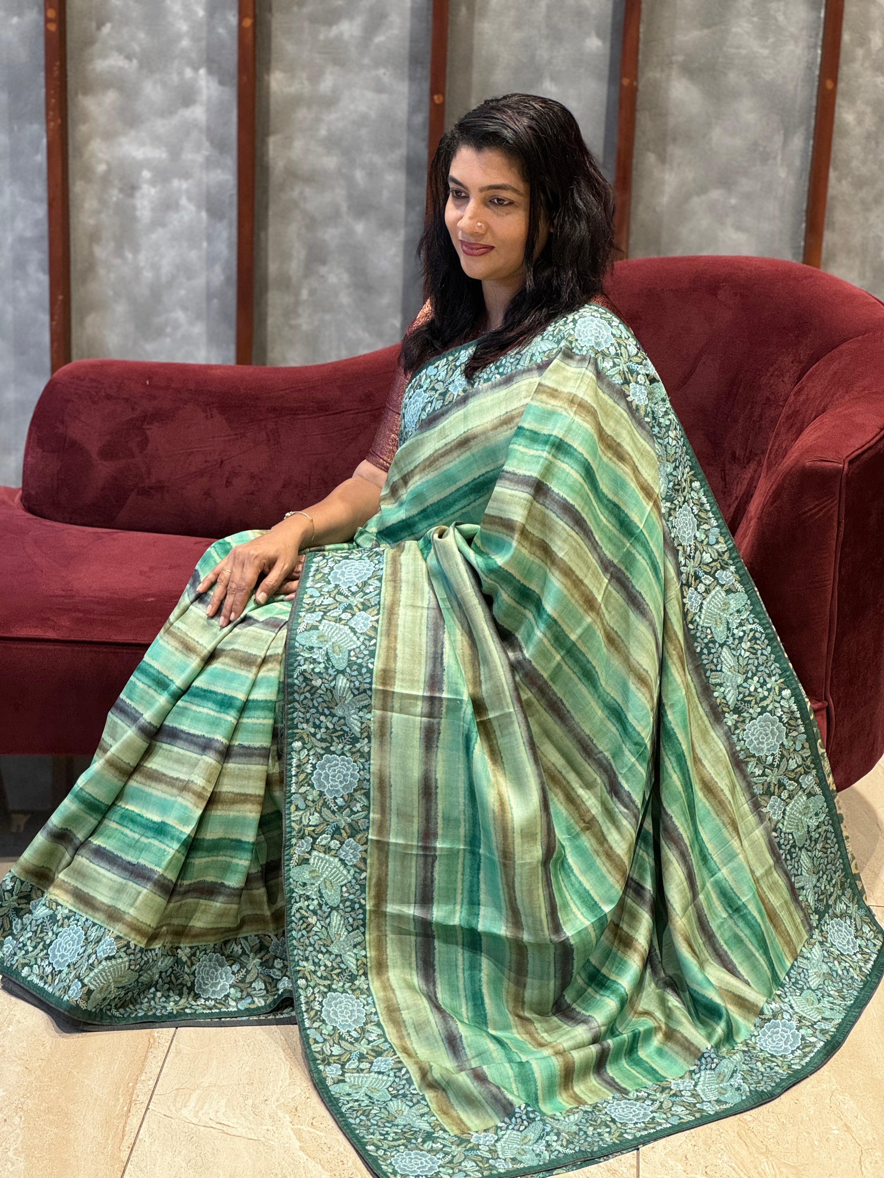 Green Color Stripe Pattern Tussar Saree | RGD124