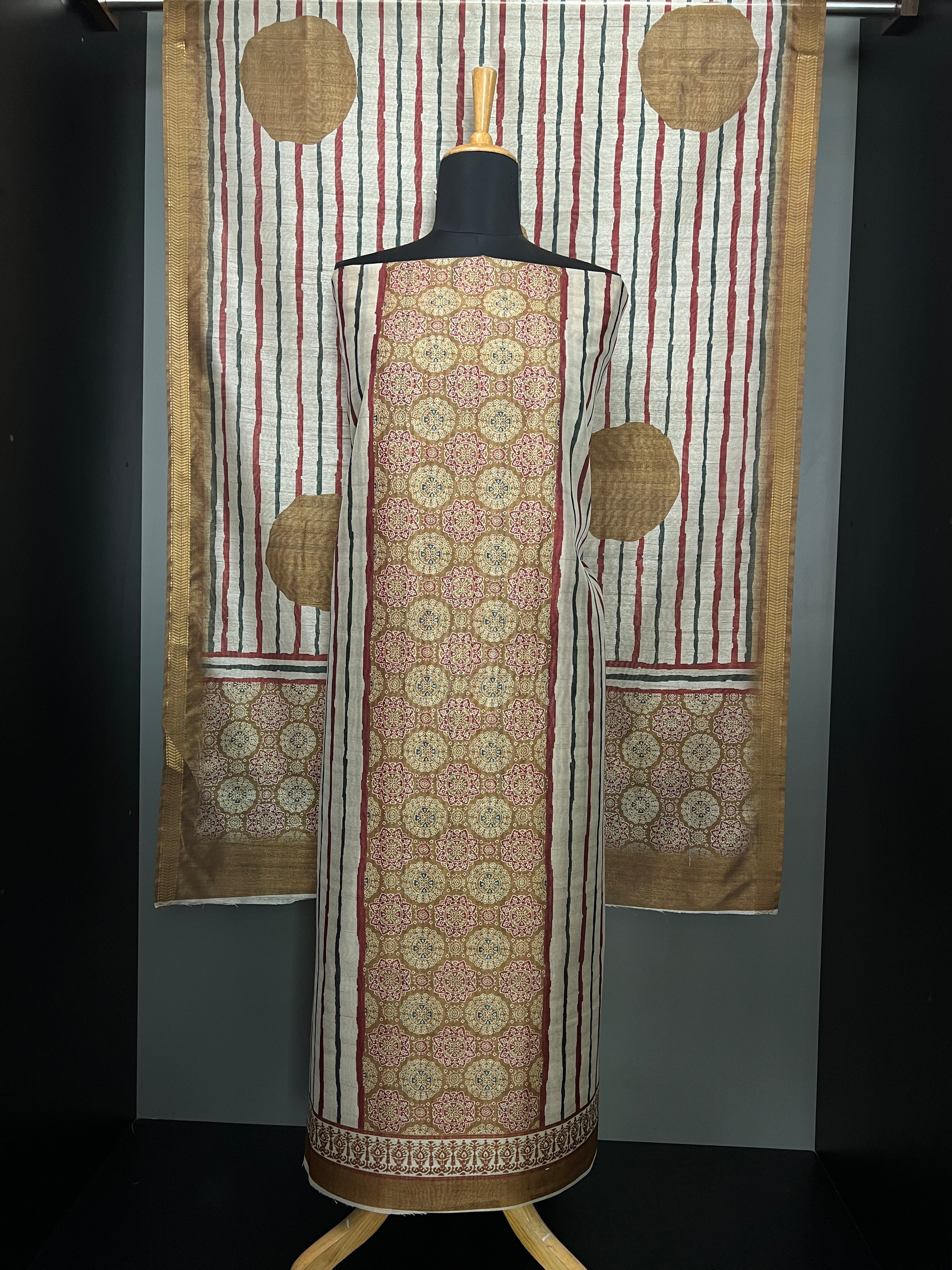 Stripe Printed Semi Tussar Salwar Set (Without Bottom) | SSN423