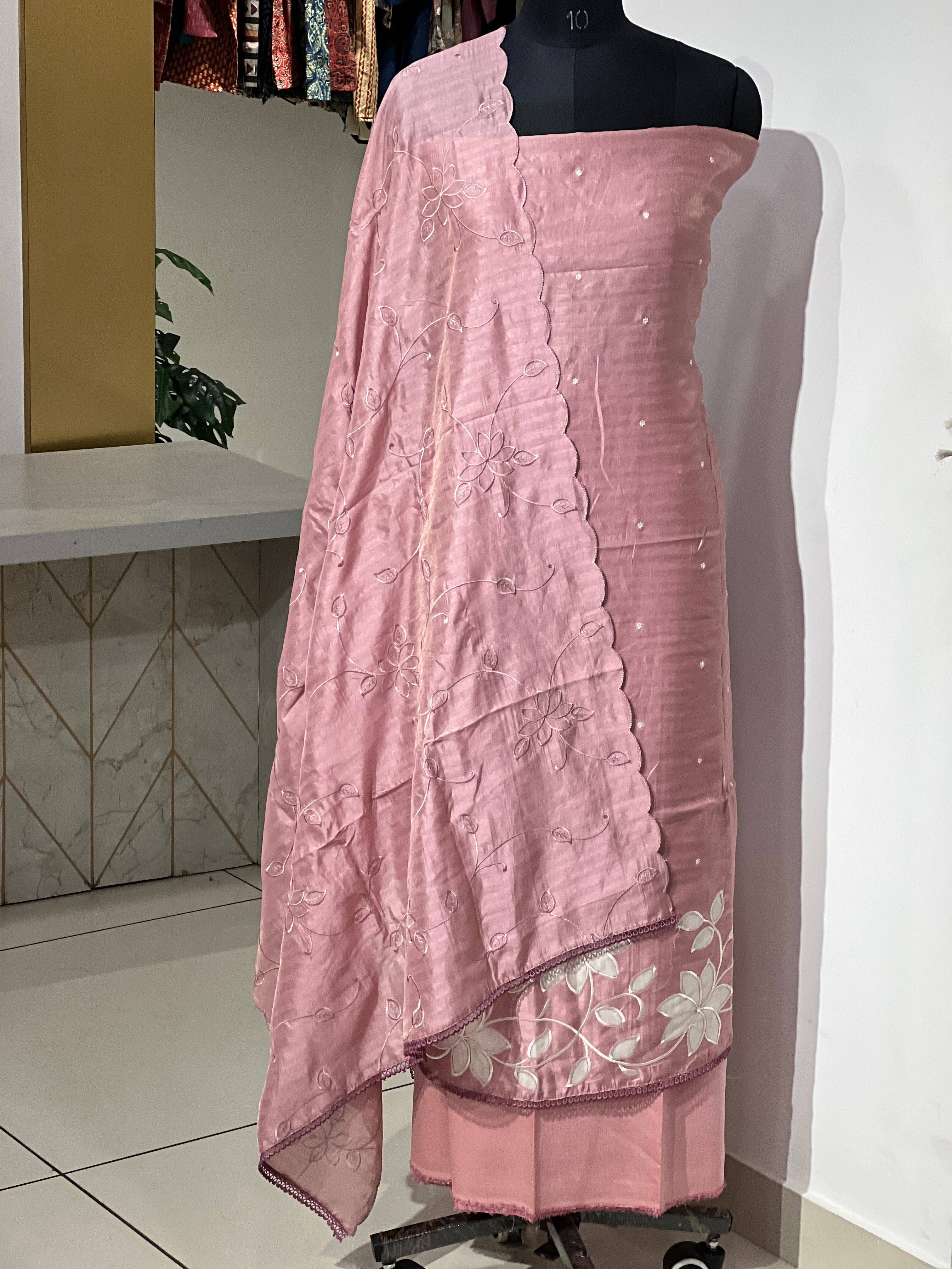 Floral Applique Detailed Semi Chanderi Salwar Set | SUN687