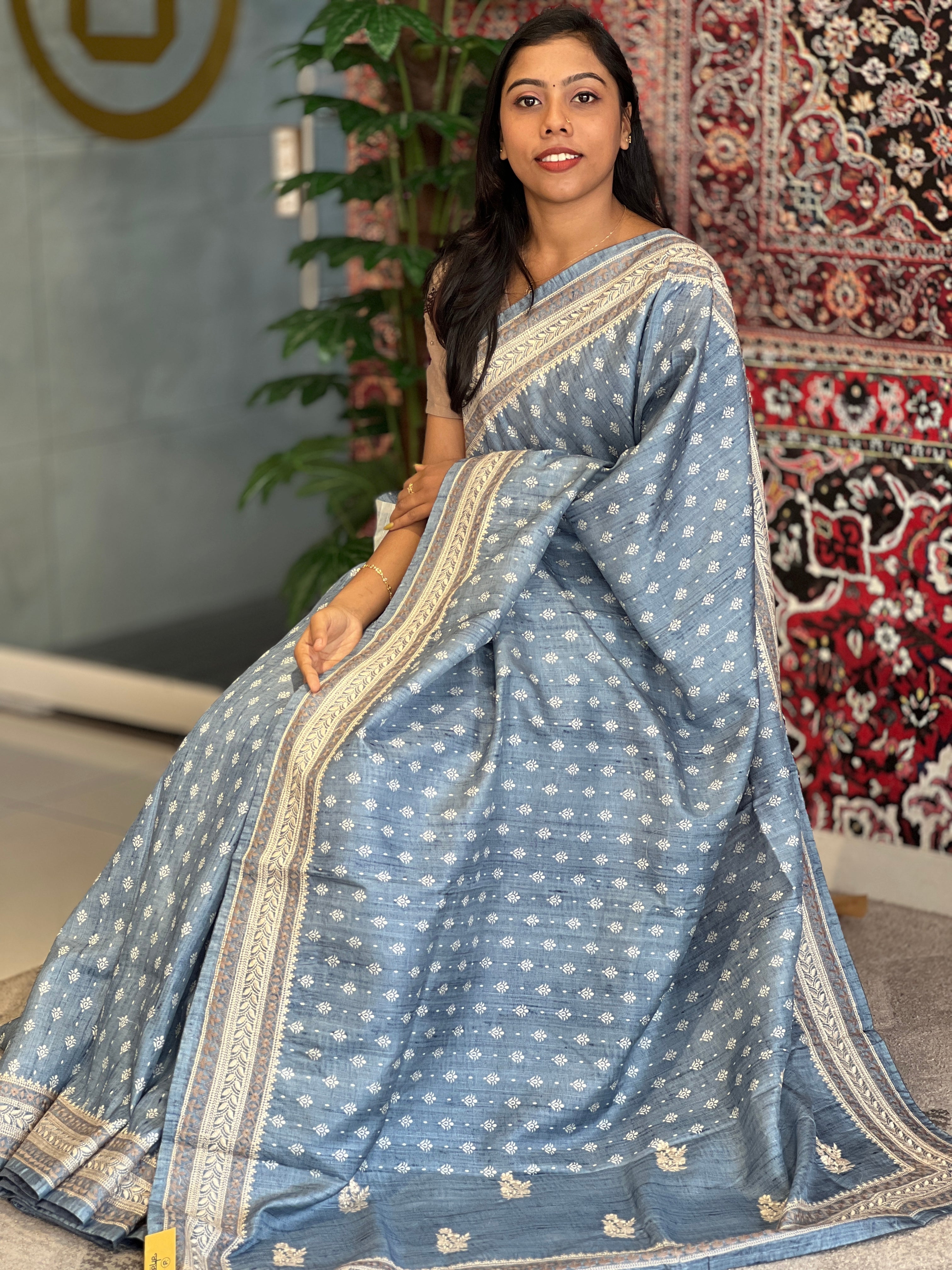 Print With Machine Embroidery Detailed Semi Tussar Saree | SVF154