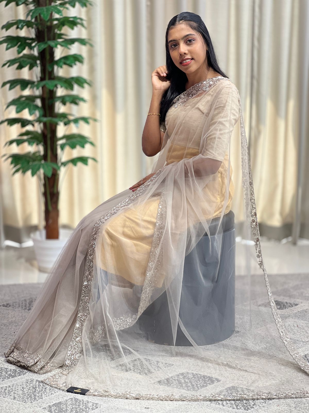 Beads Work Embroidered Net Saree | SBP876