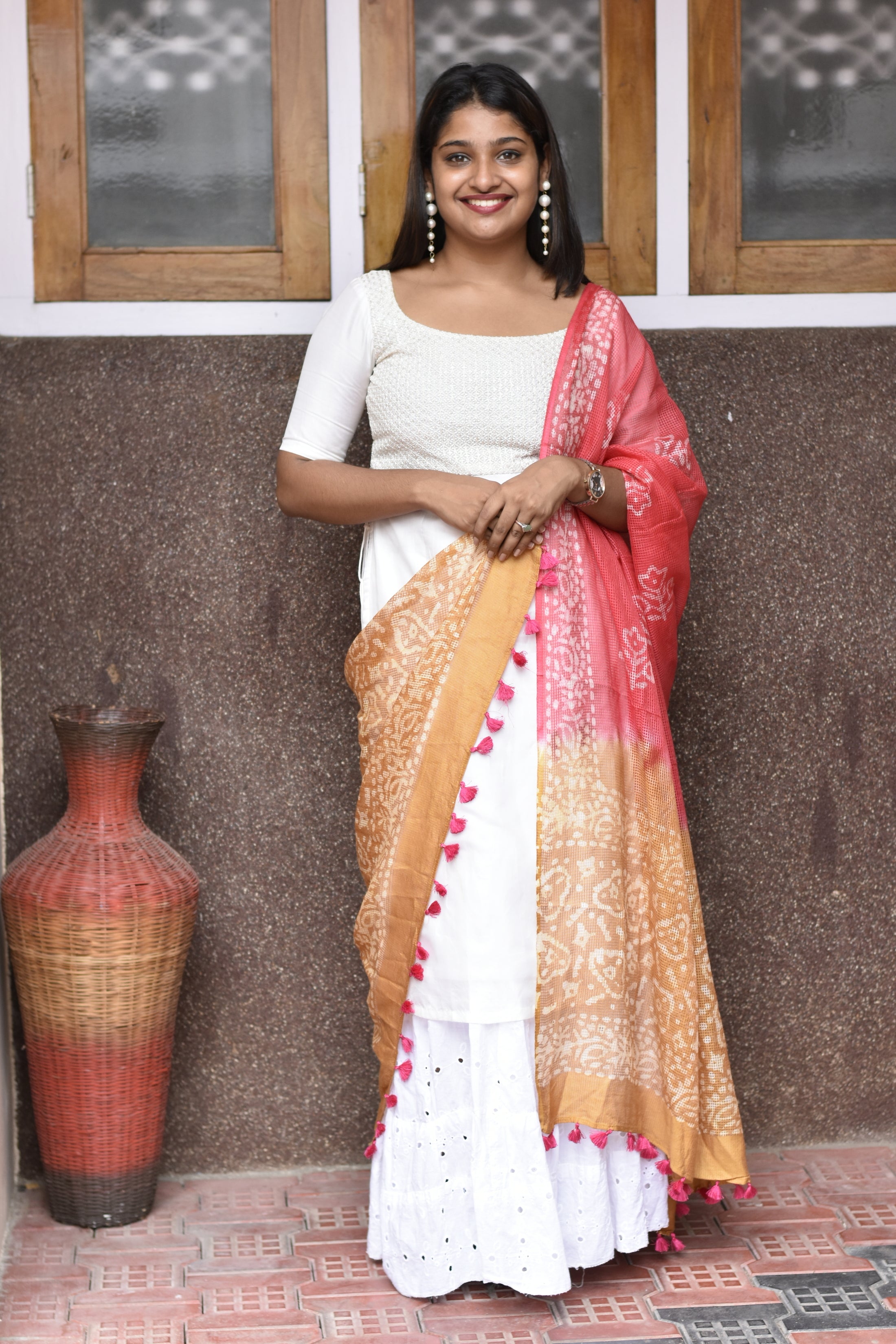 Muga Check Kota Dupatta With Batik Print | SS878