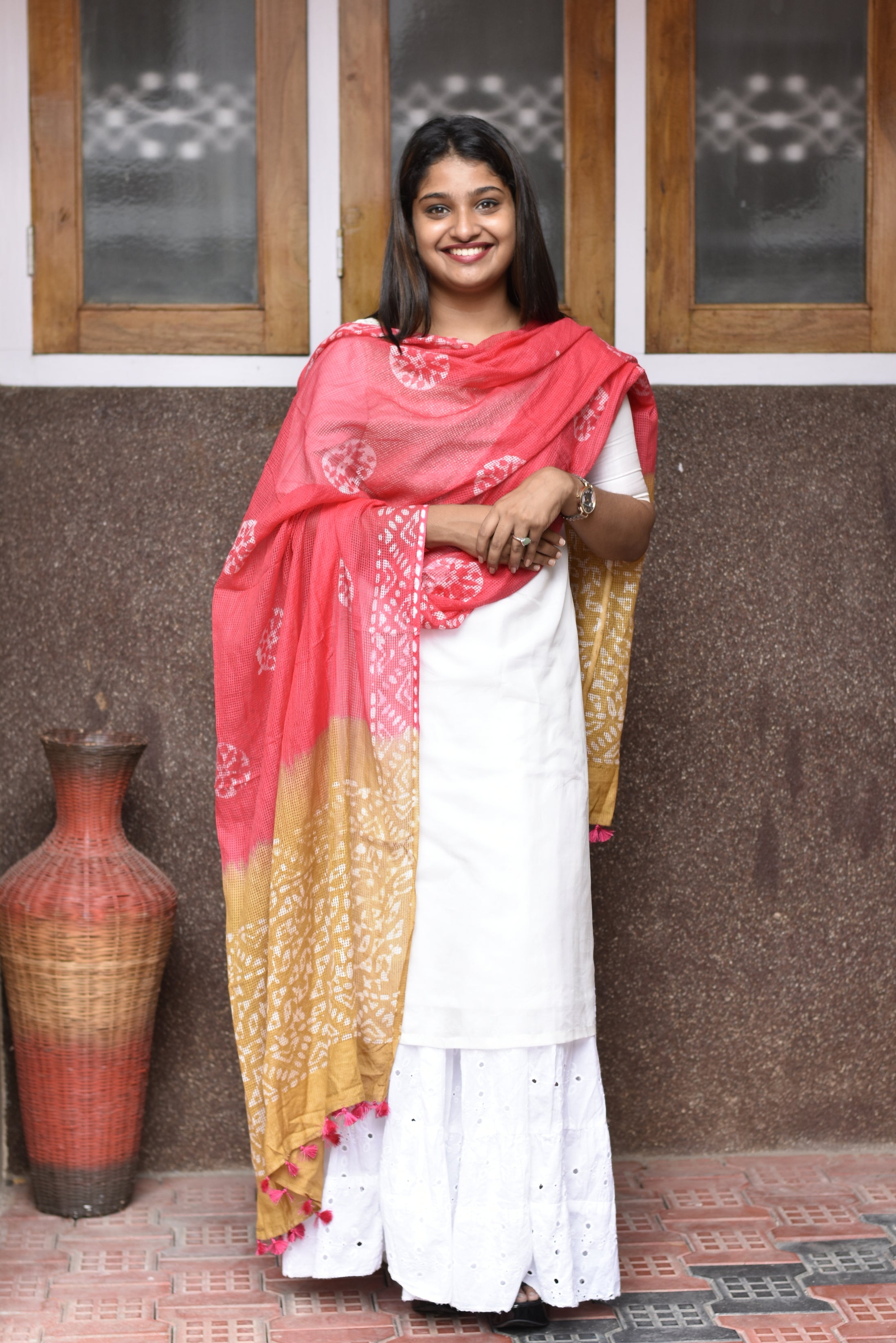 Muga Check Kota Dupatta With Batik Print | SS878