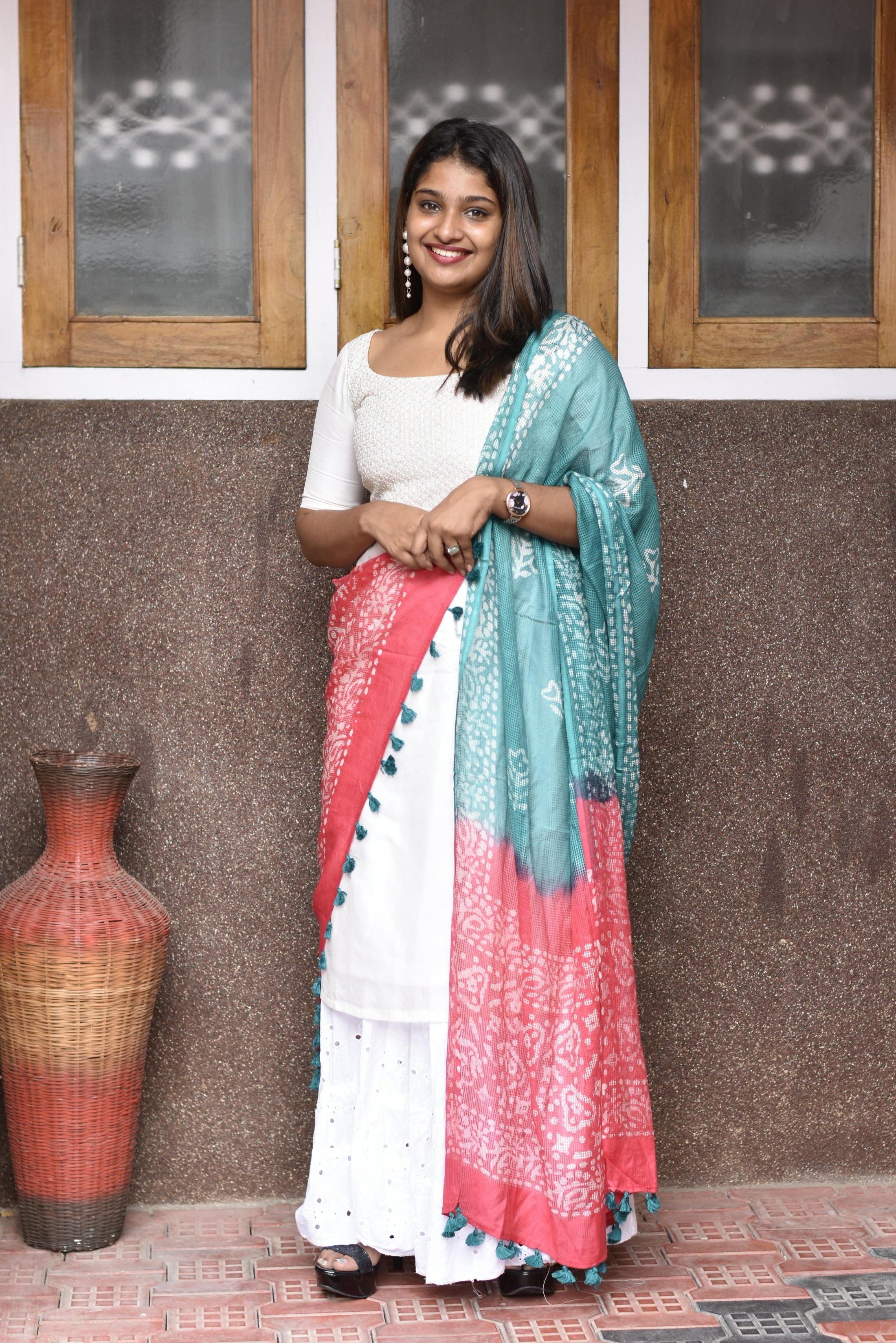 Muga Check Kota Dupatta With Batik Print | SS878