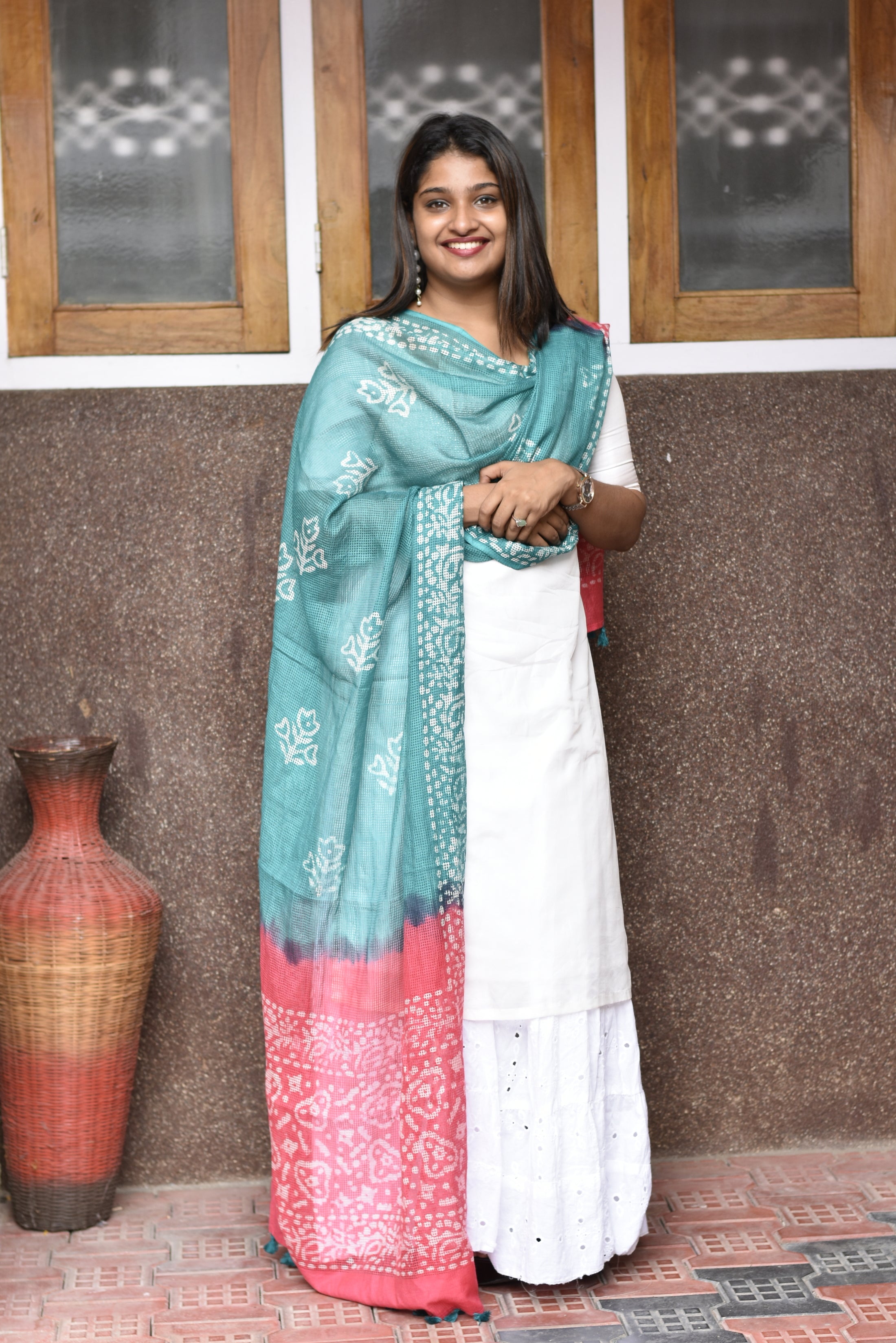 Muga Check Kota Dupatta With Batik Print | SS878