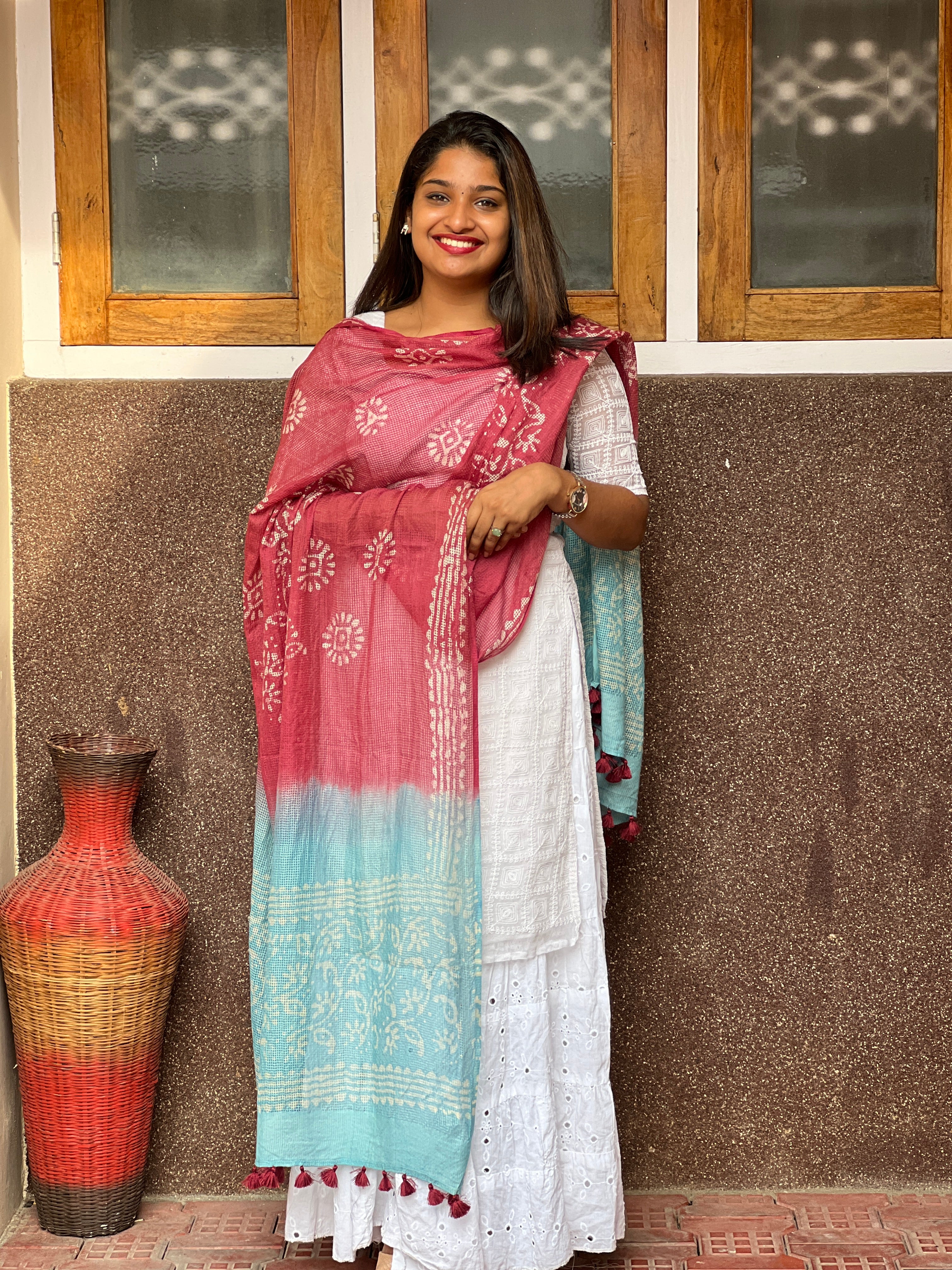 Muga Check Kota Dupatta With Batik Print | SS878