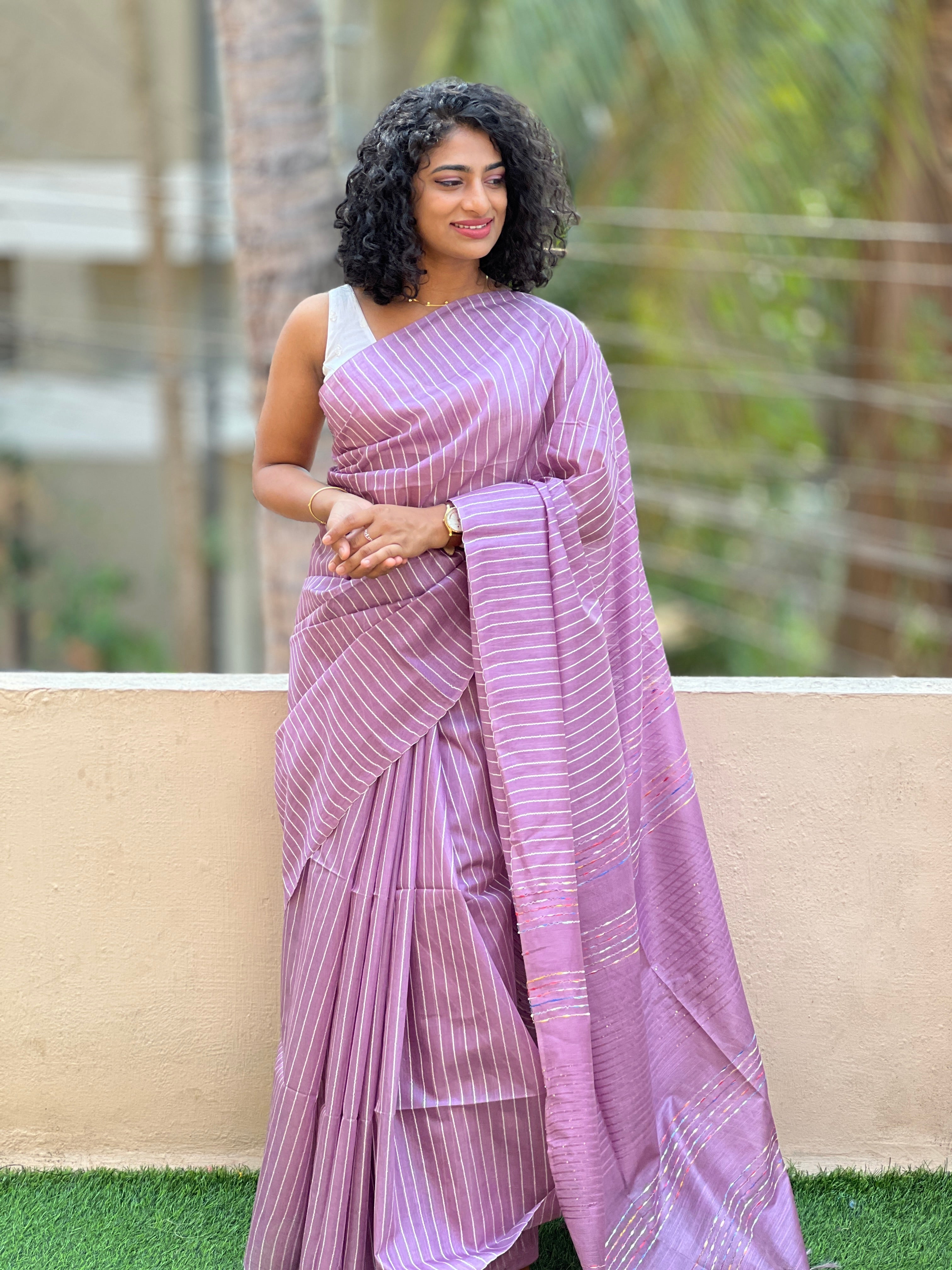 Lavender Bhagalpuri Linen Sarees With Kesiya Weaving Pattern | DLS118