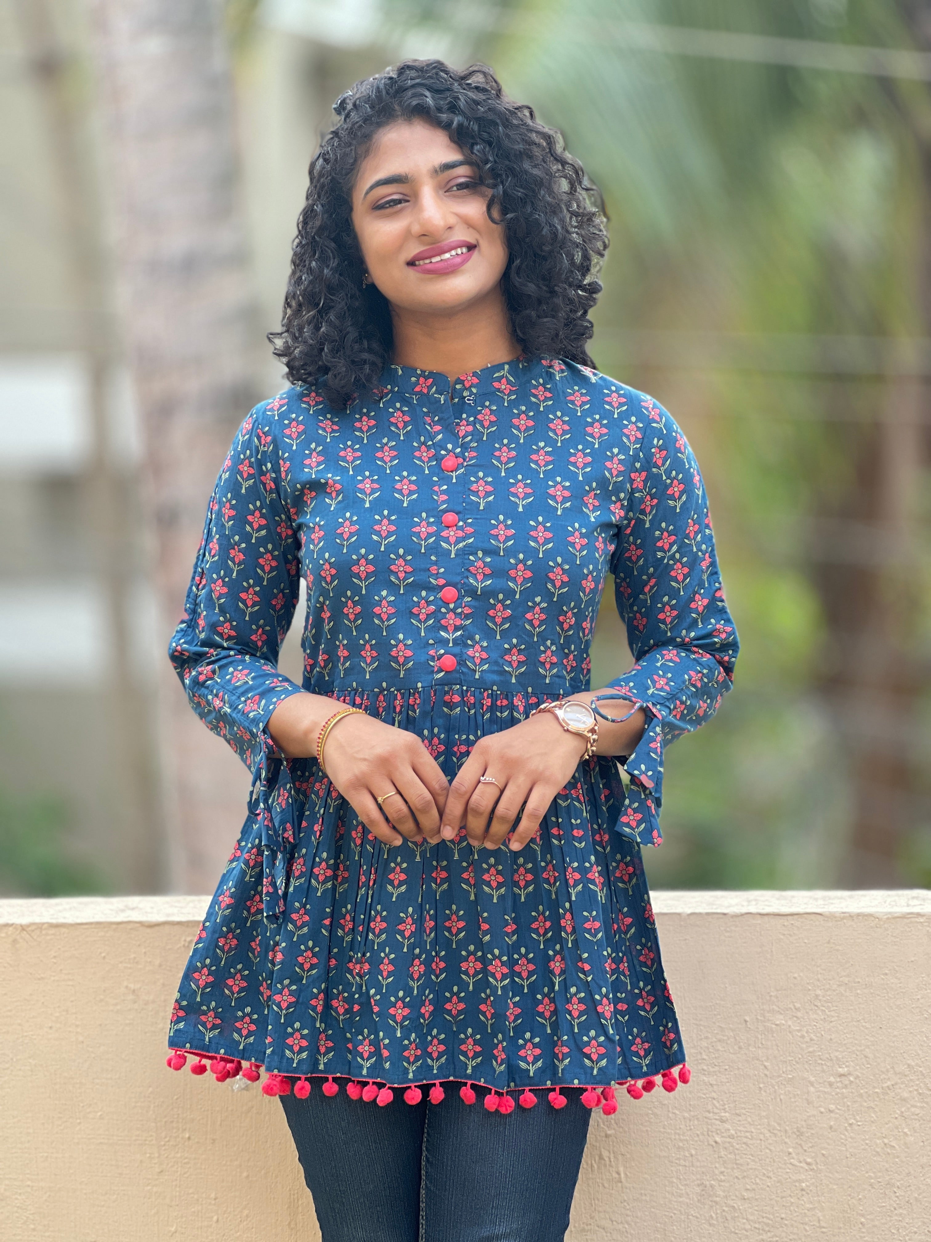 Blue Cotton Screen-Printed Short Dress | YFT131