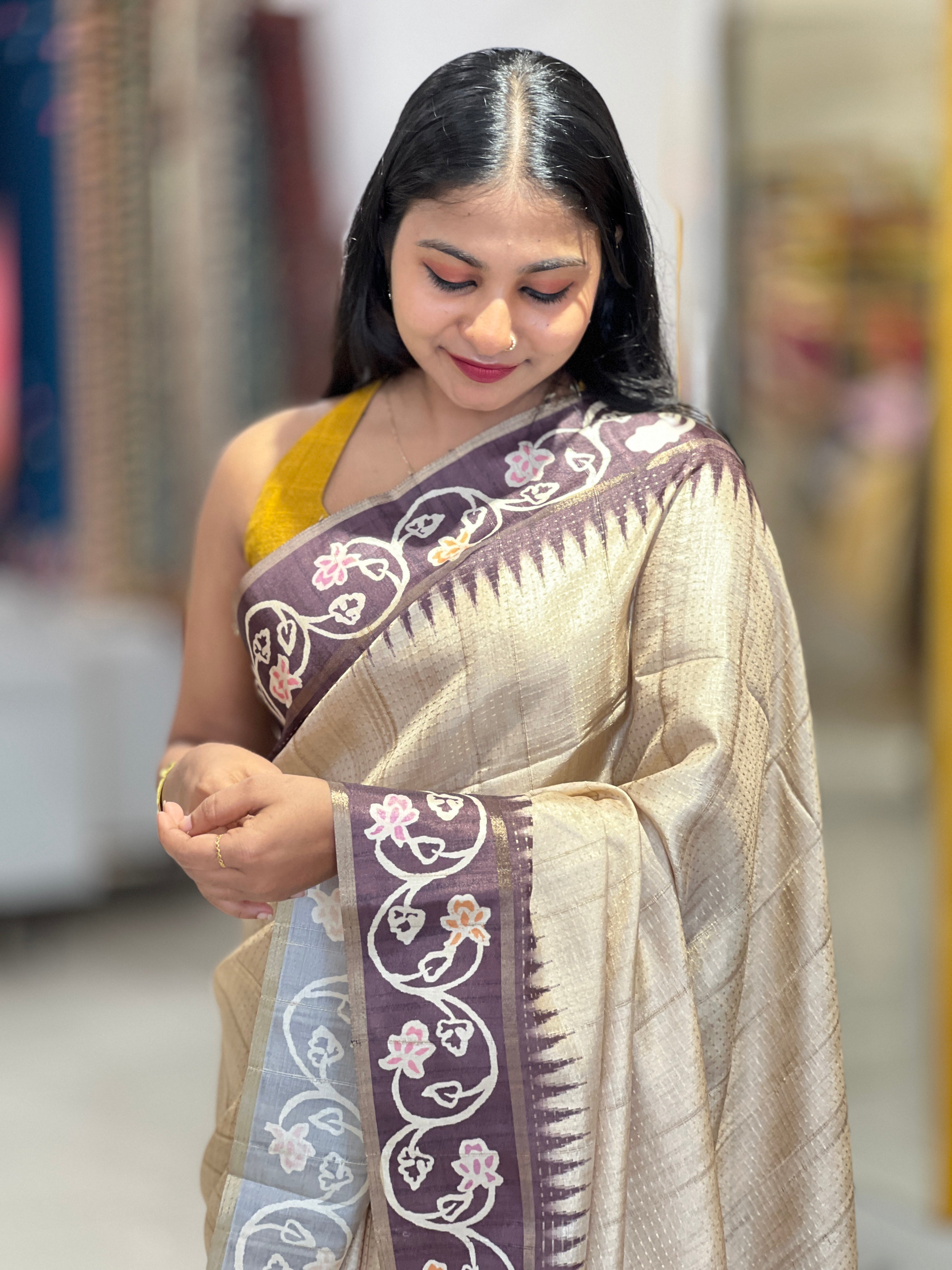 Batik printed tussar silk saree with characteristic wax-resist patterning