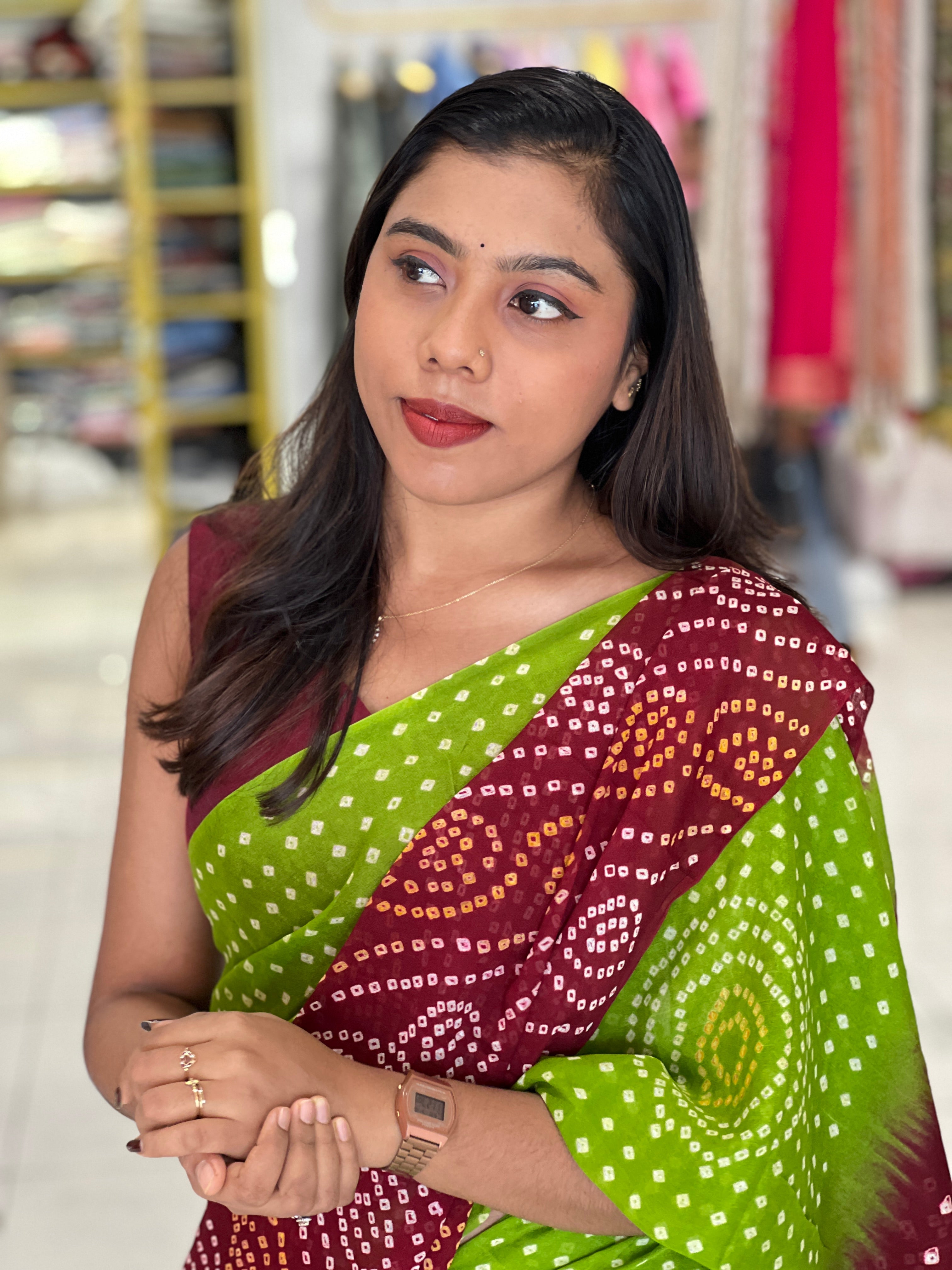 Traditional hand-done bandhani printed pure georgette saree with fine tie-dye dots