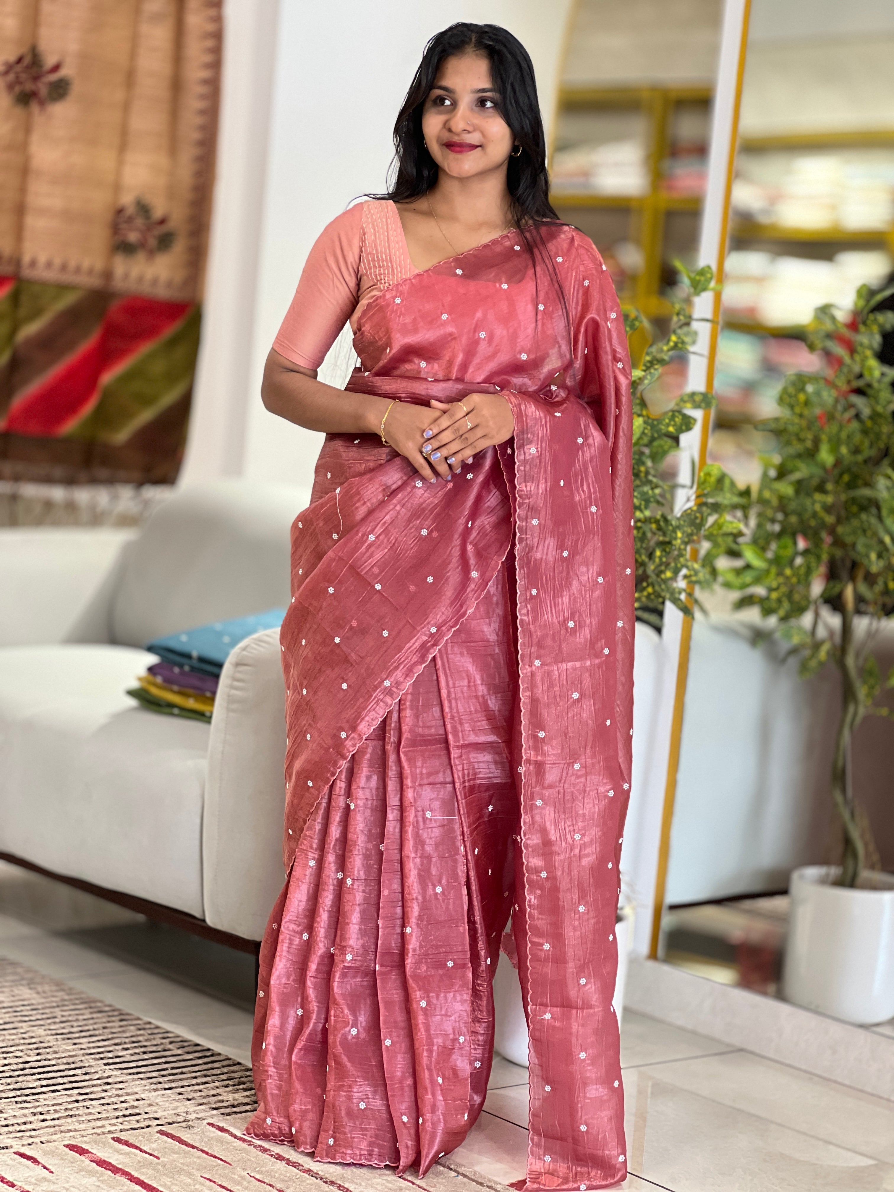 Point embroidery crushed organza saree with a permanently crinkled texture