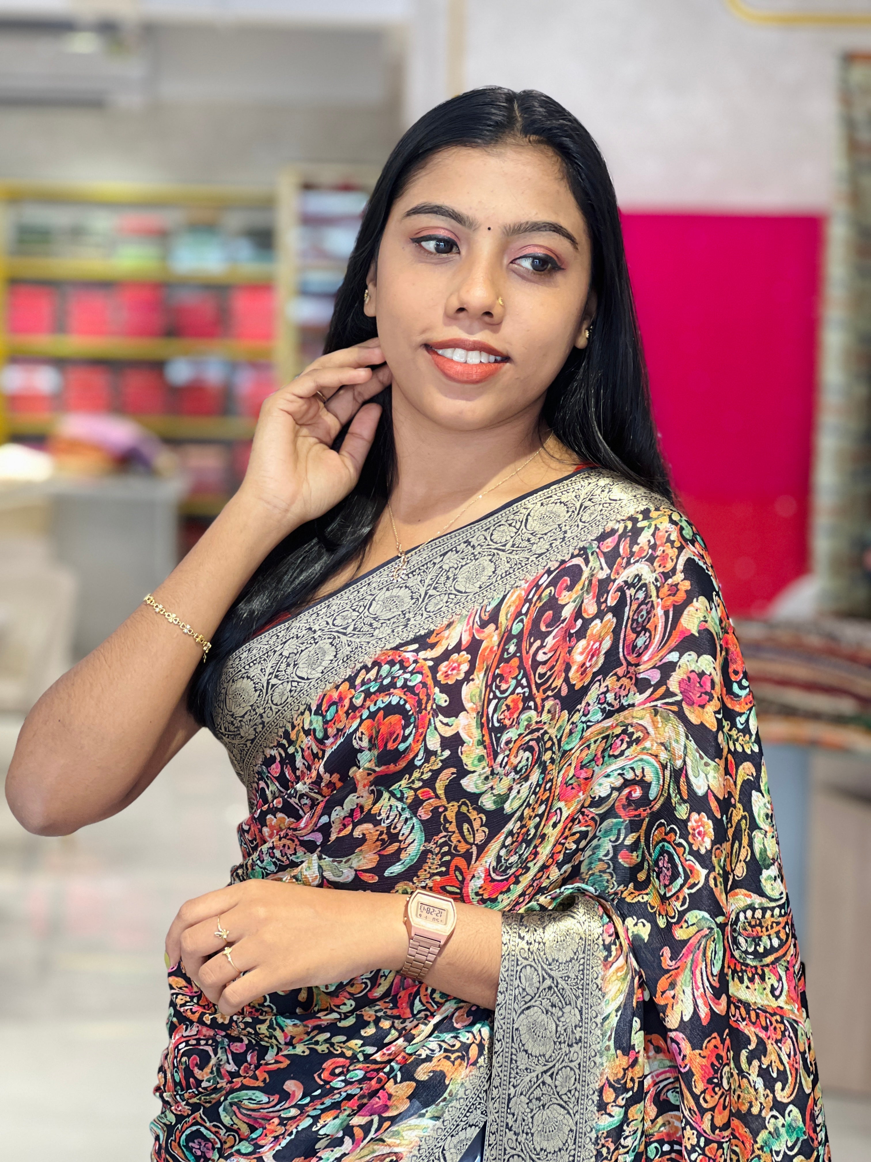 Digital printed chiffon saree with a soft, sheer, floating drape