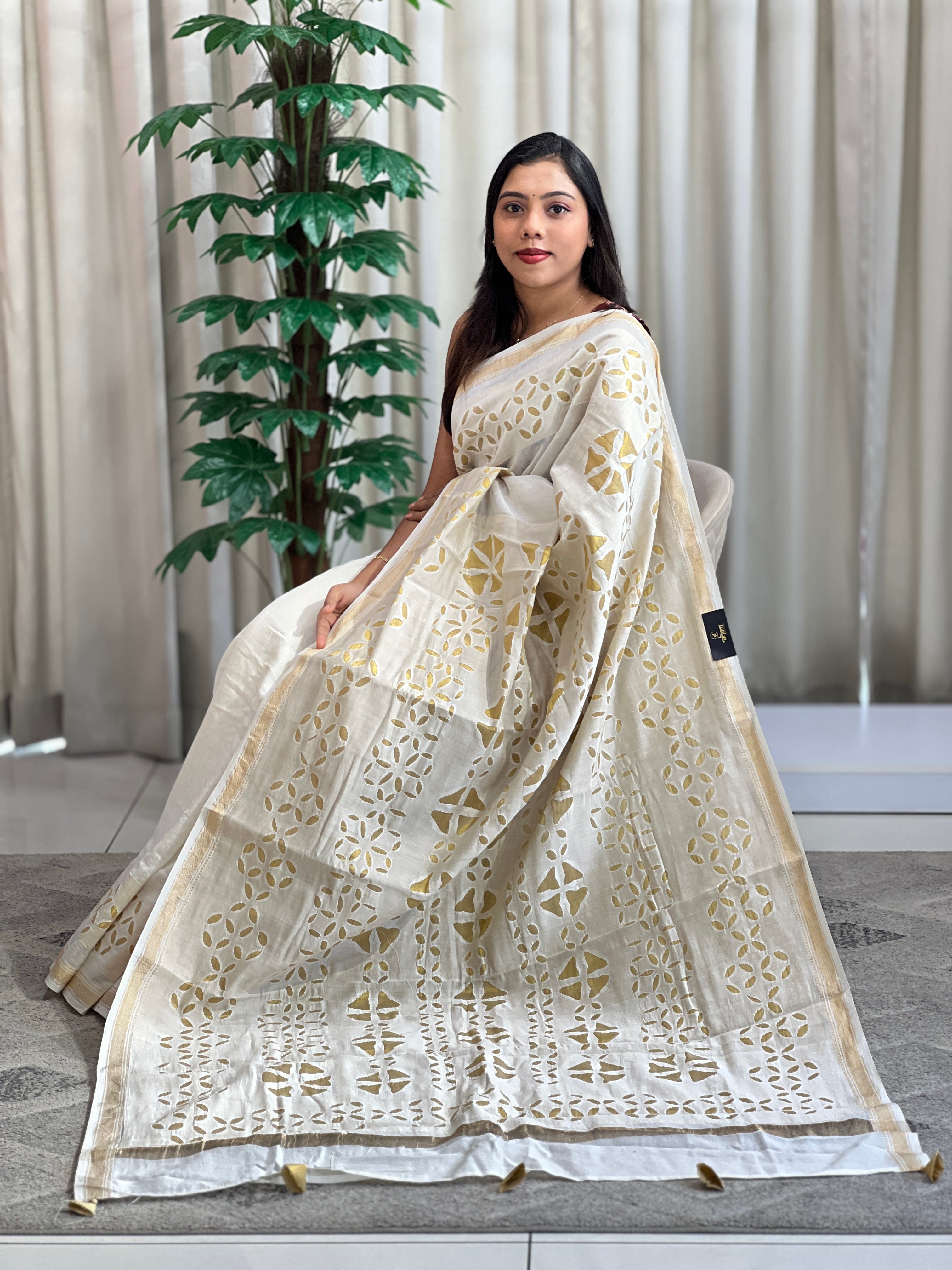 Hand reverse applique work Maheshwari silk saree with a fine woven border