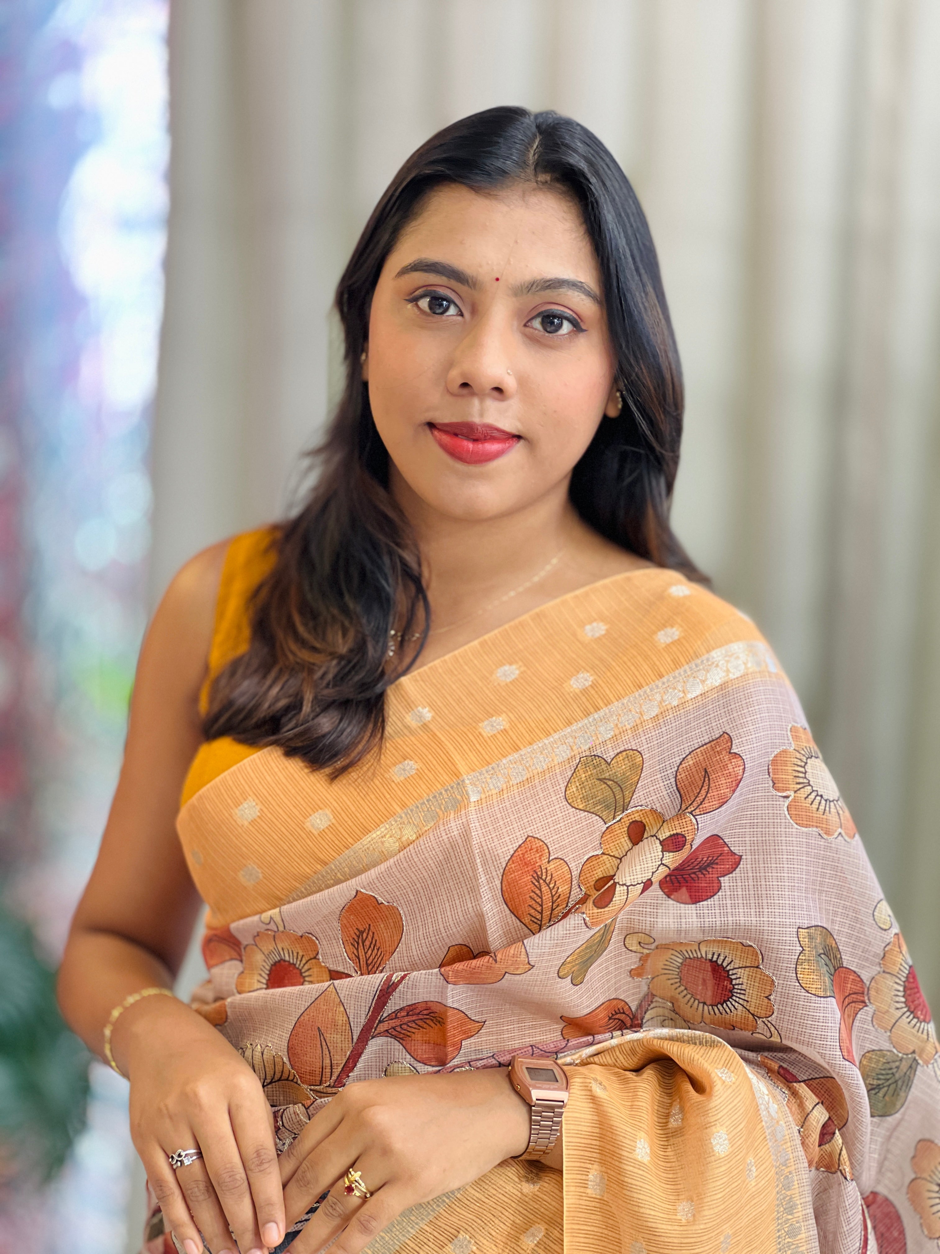 Pen kalamkari inspired printed kota saree with fine figurative motifs
