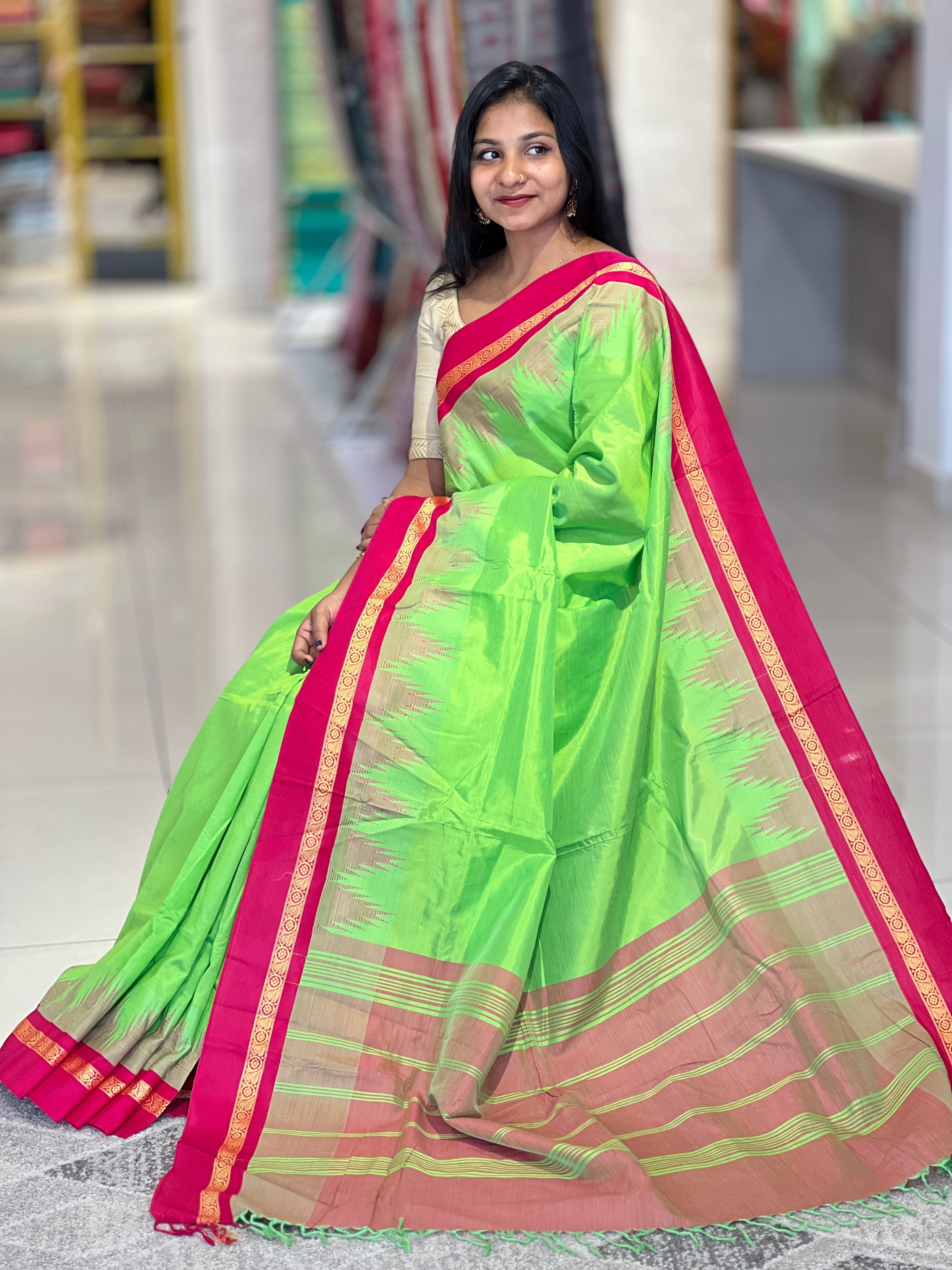Banana silk saree with temple border detailing, woven from banana pith fibre
