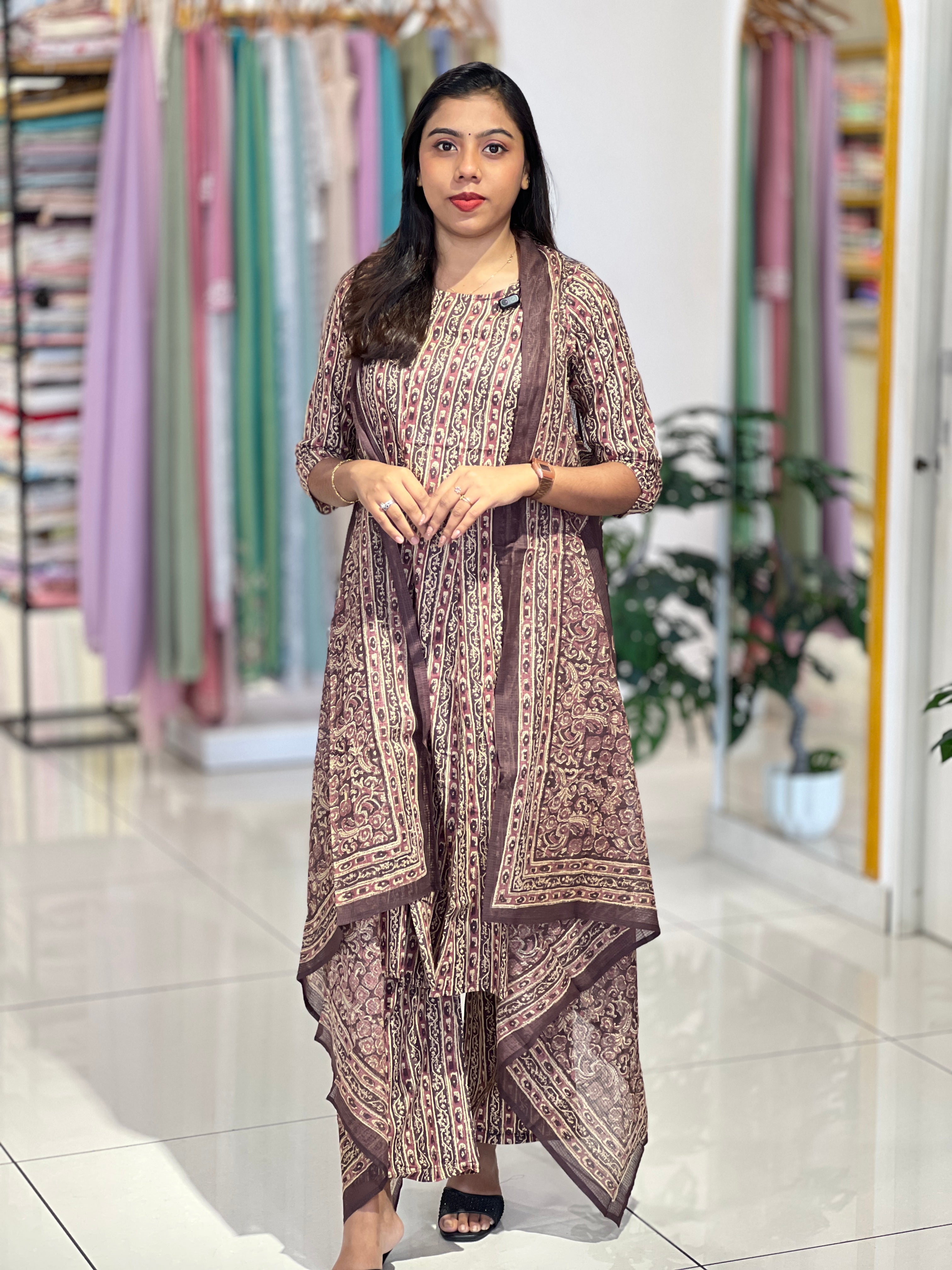 Floral block print cotton kurta set, showing the longer relaxed kurta silhouette