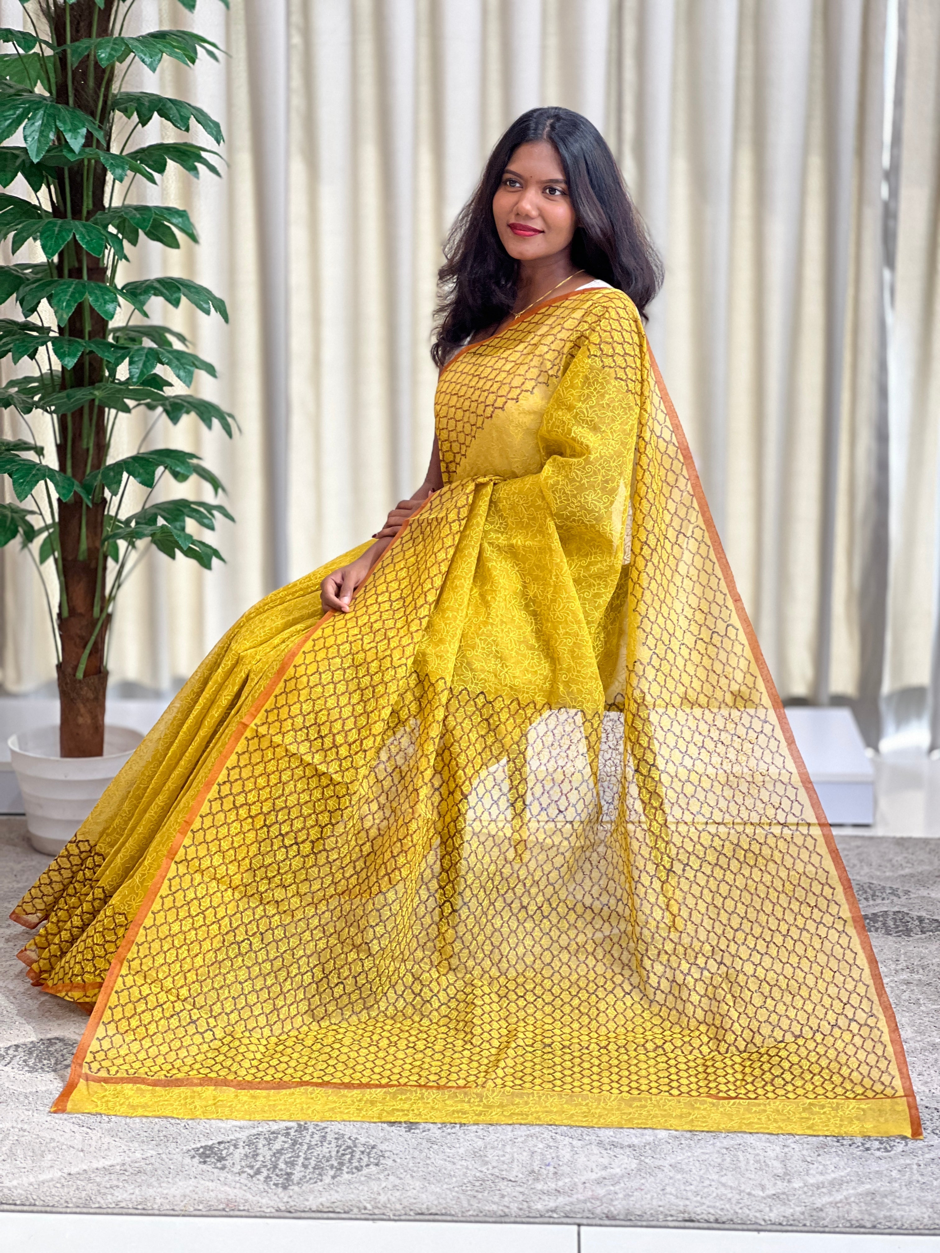 Hand block printed kota saree showing the slight irregularity of the repeat that marks hand printing