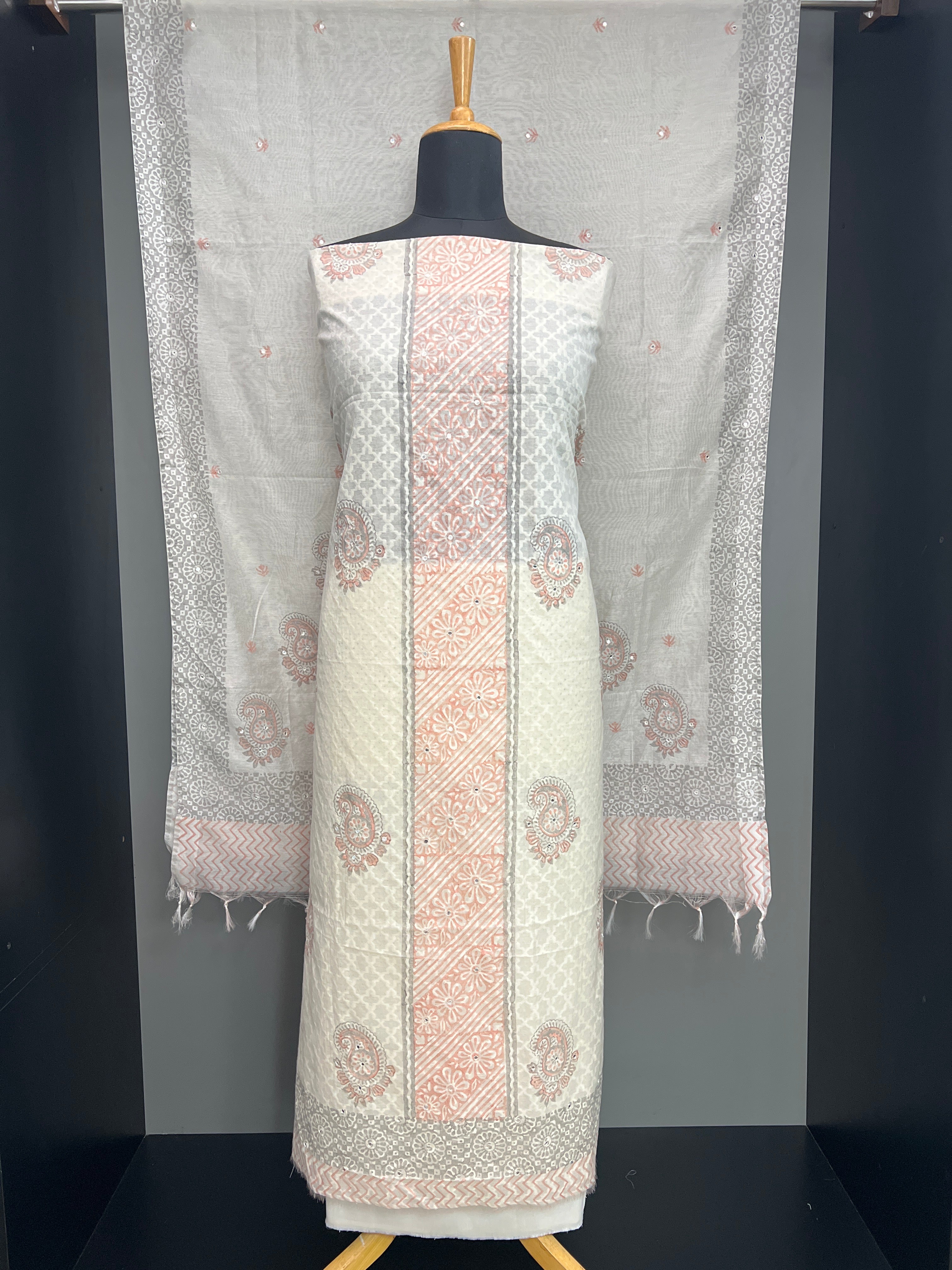 Block Printed Muga Check Organza Salwar Set | ACF141