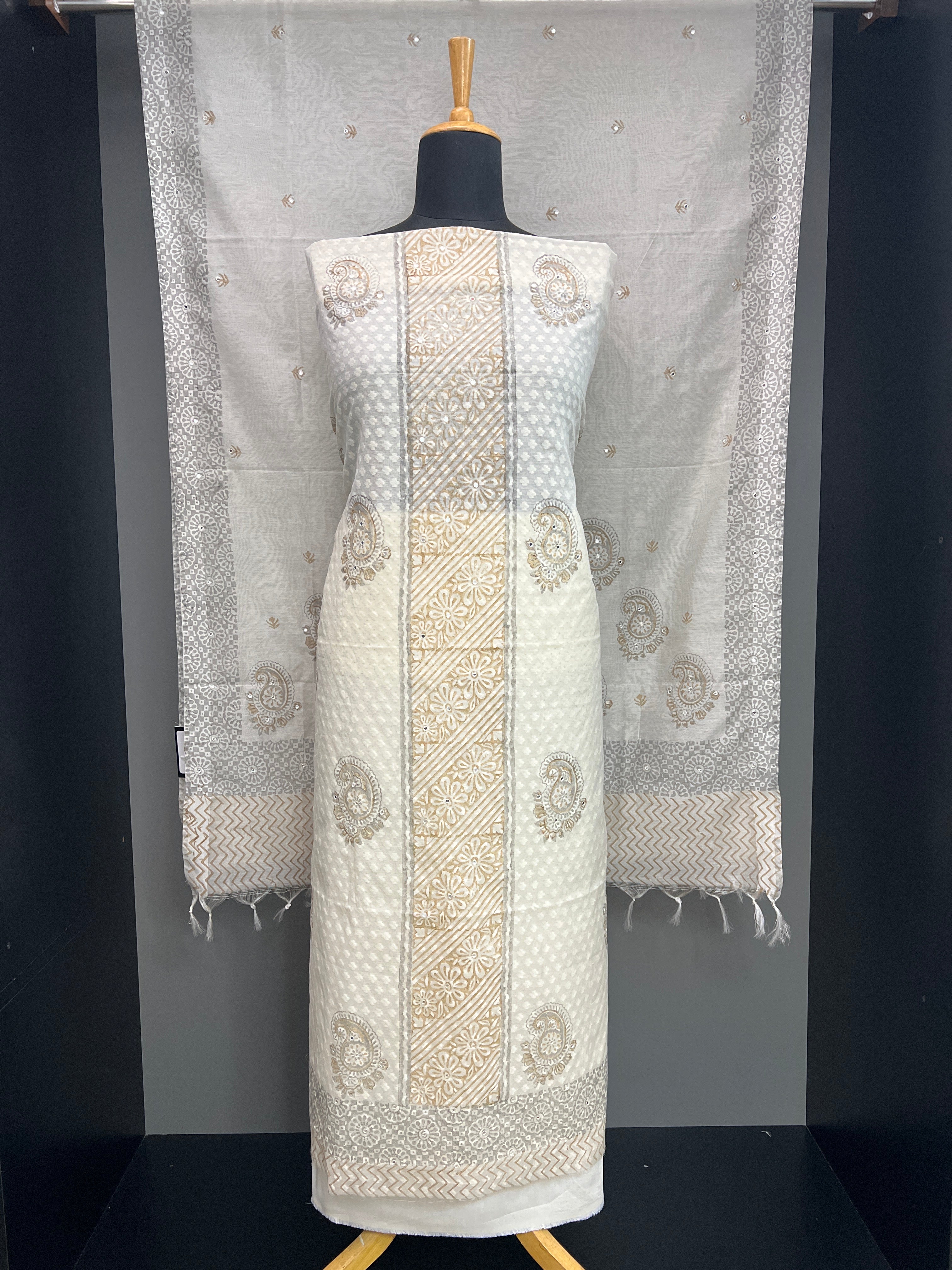 Block Printed Muga Check Organza Salwar Set | ACF139